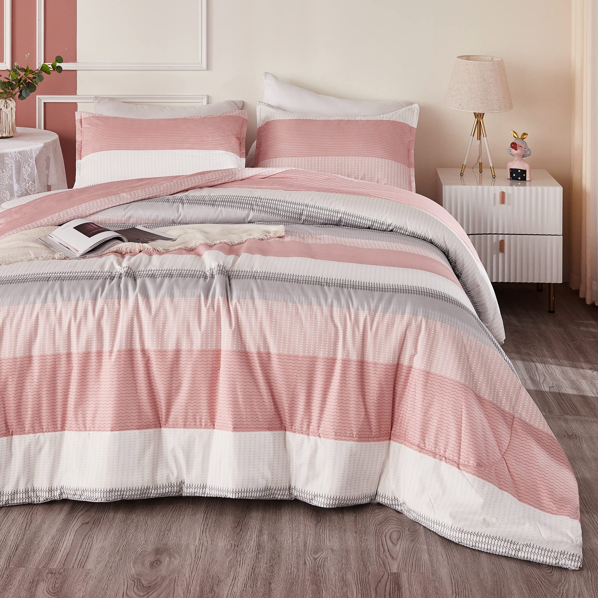 Litanika Pink California King Comforter Set - 3 Pieces Blush Cal King Oversized Lightweight Summer Colorblock Stripe Bedding Set