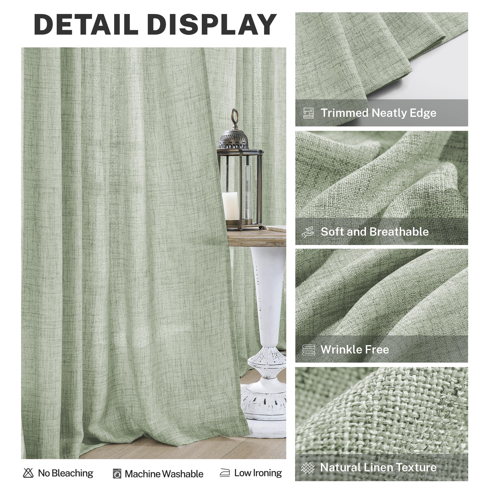 Sage Green Curtains For Living Room 108 Inches Long 2 Panels Light Green Farmhouse Linen Drapes Semi Transparent Extra Long Shee