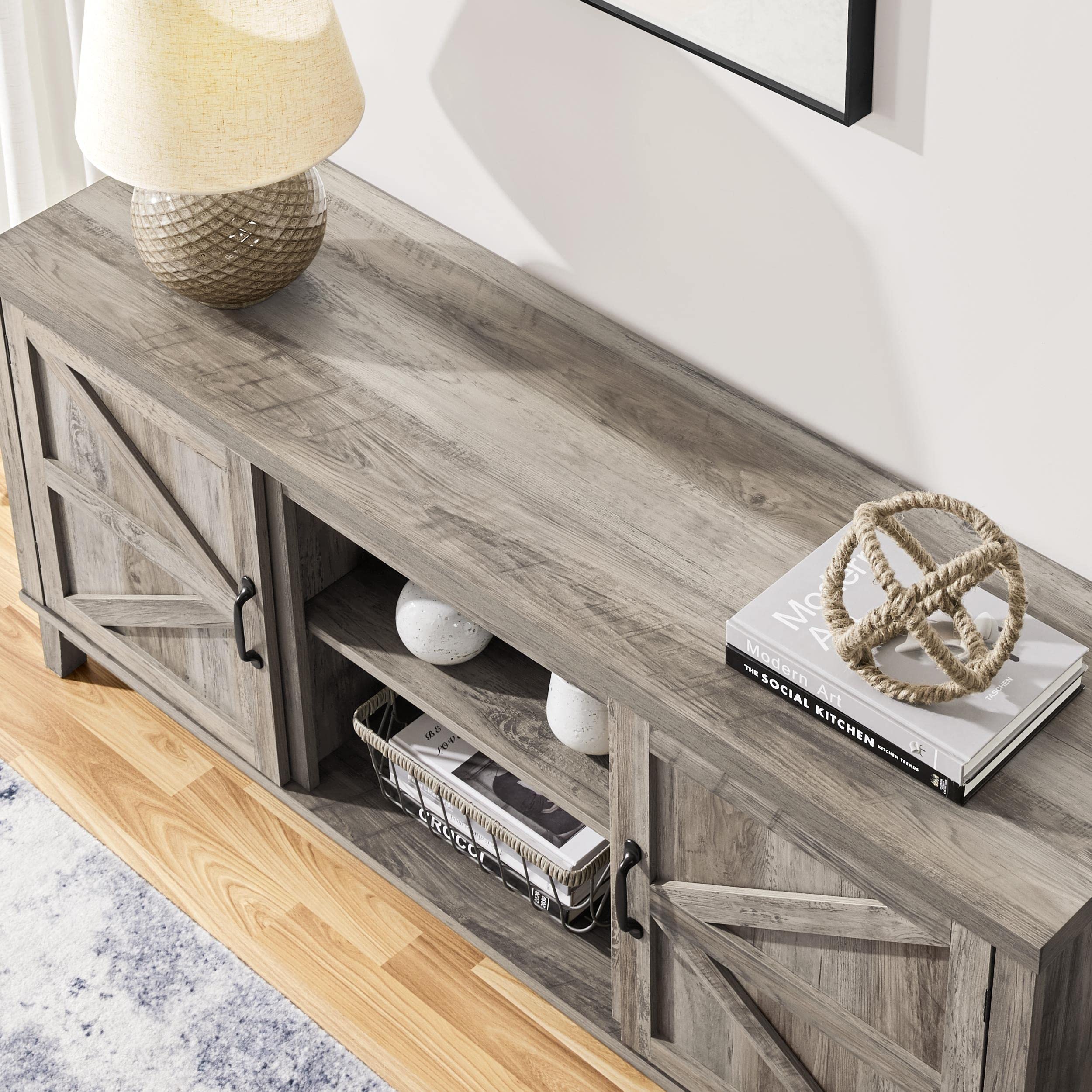 Yaheetech Tv Stand For 65 Inch Tv, Farmhouse Tv Console Table For Living Room, Tall Entertainment Center With Double Barn Doors For Bedroom, Gray