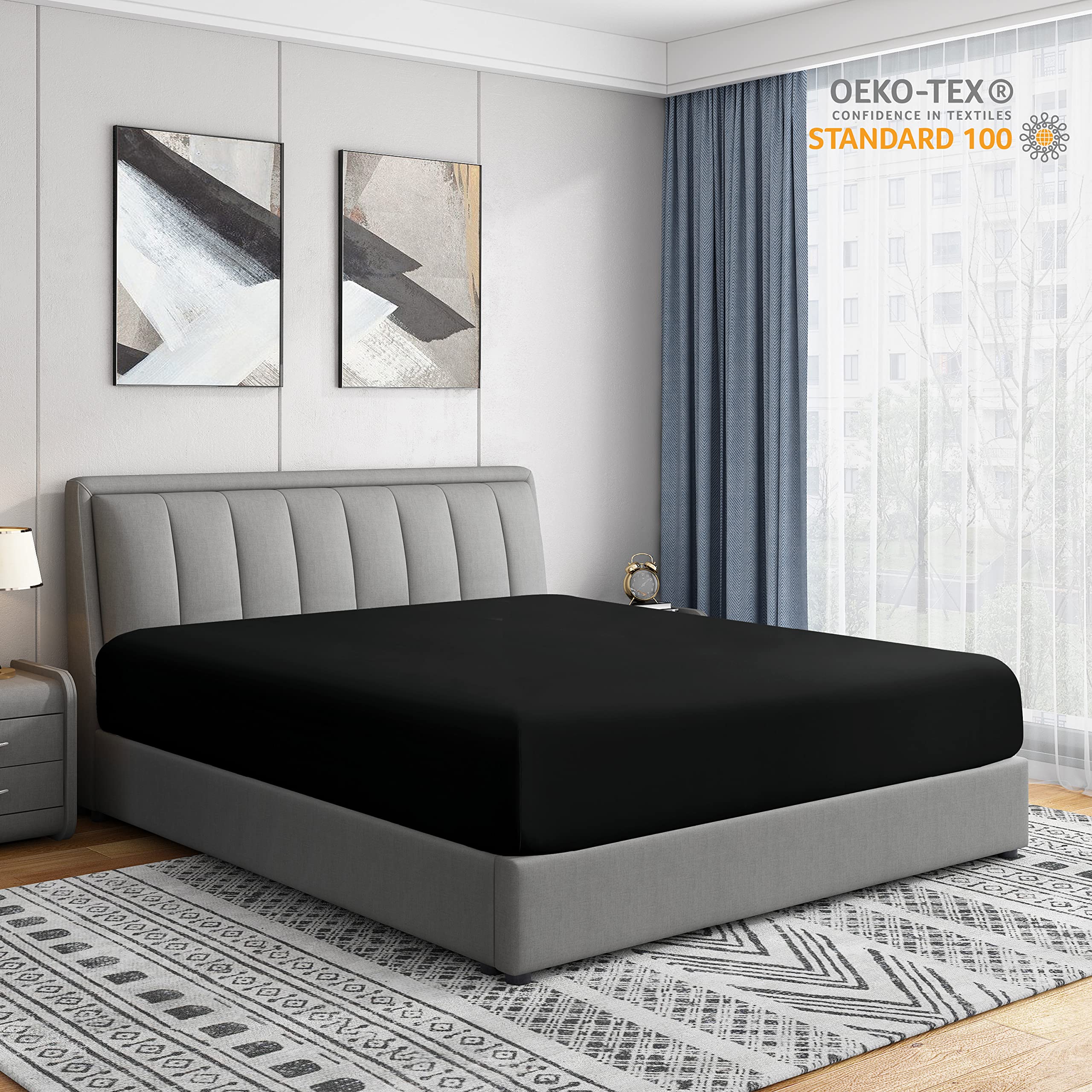 Cathay Home Full Fitted Sheet - Double Brushed Ultra Soft - Wrinkle & Fade Resistant - 21' Extra Deep Pocket Fitted Sheet Only - Good Fit For 19'-23' Deep Mattress (Full, Black)