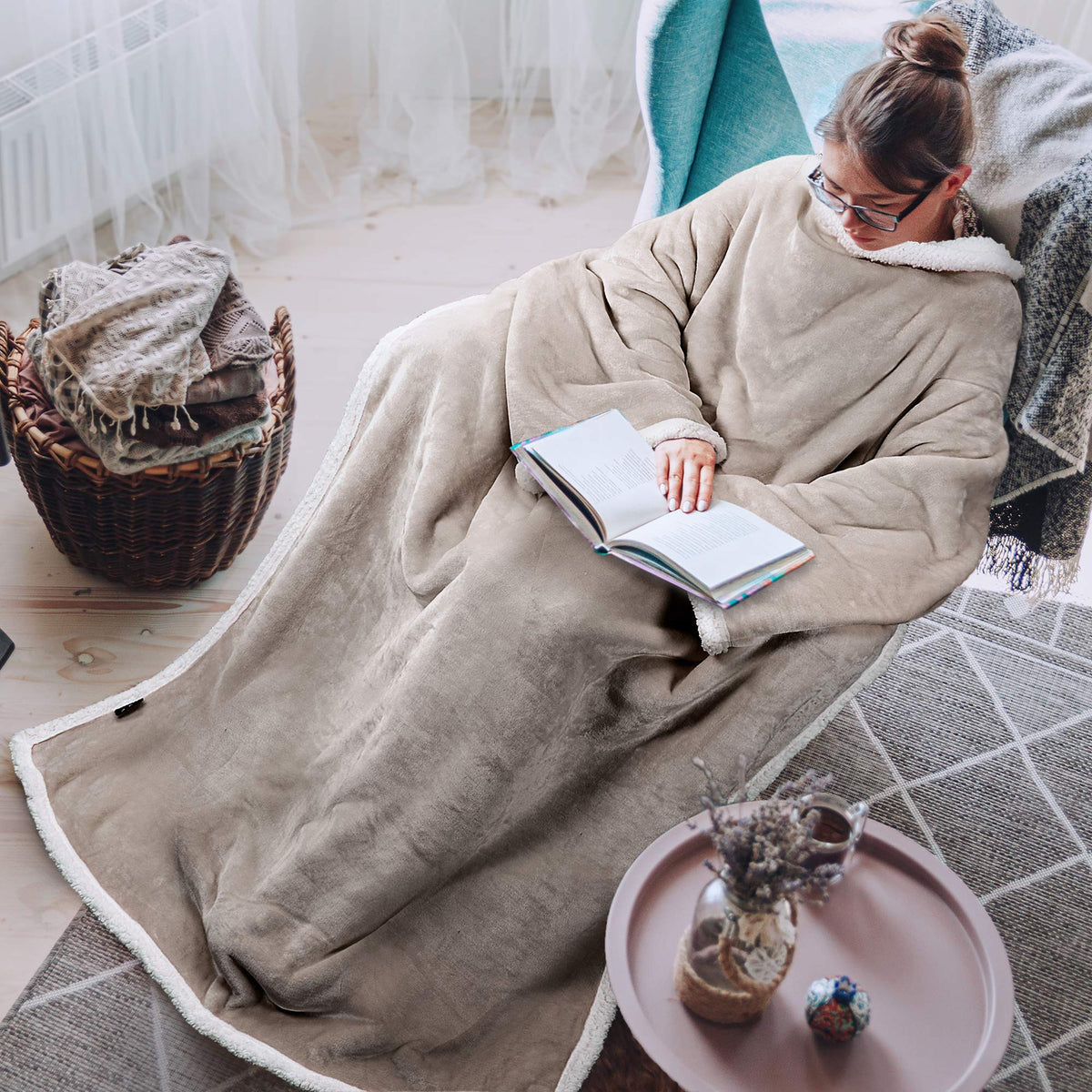 Tirrinia Sherpa Wearable Blanket - Ultra Soft, Warm Full Body Robe With Sleeves For Adults