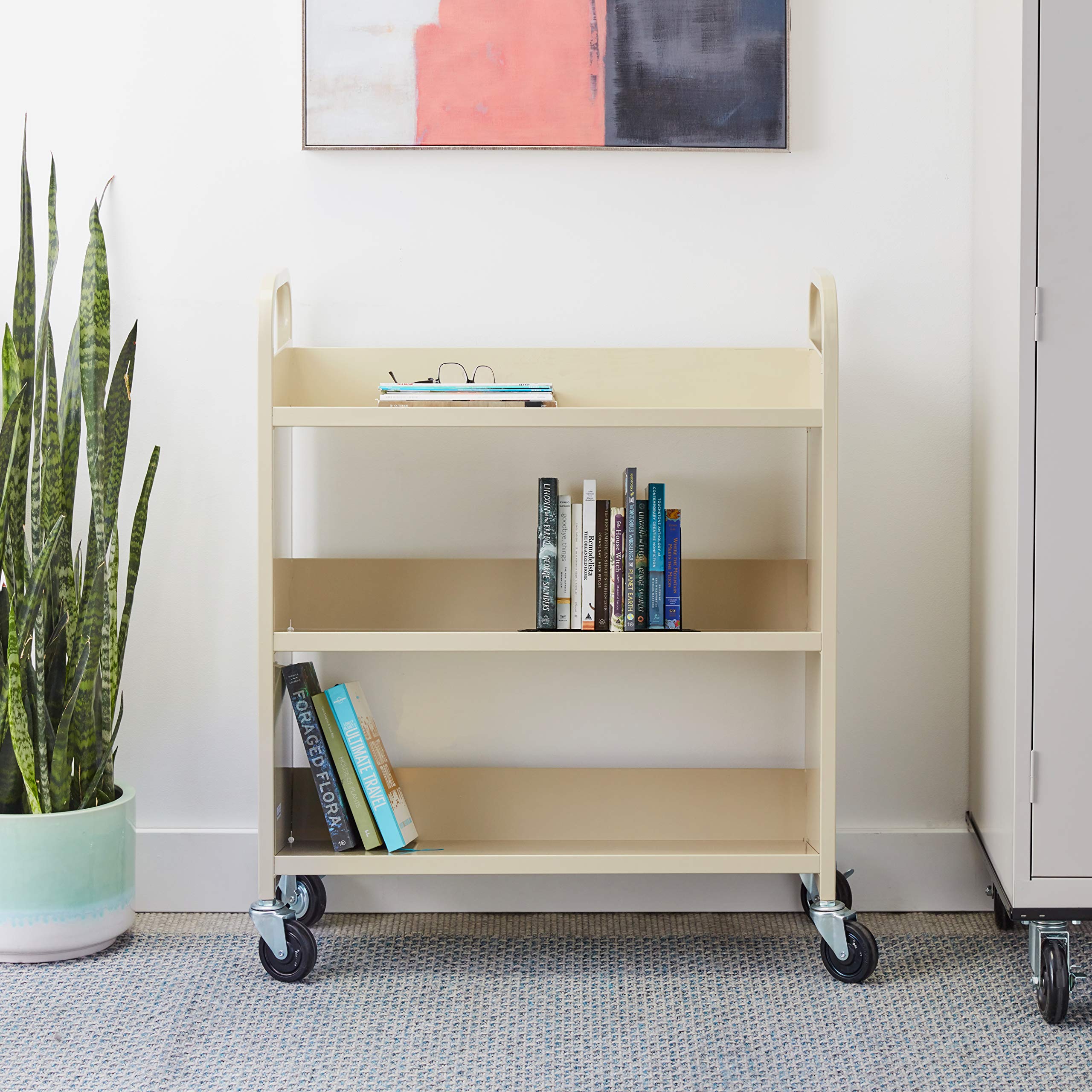 Safco 6 Shelf Rolling Book Cart, Slanted Single Sided for Library, Classroom, Office, Heavy Duty Steel, Sand