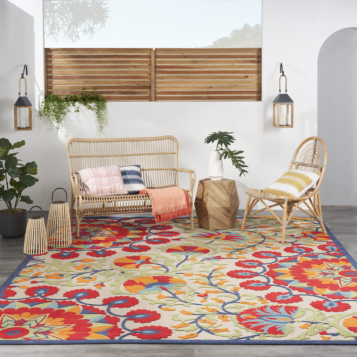 Nourison Aloha Indoor/Outdoor Red/Multi 9' X 12' Area Rug, Easy Cleaning, Non Shedding, Bed Room, Living Room, Dining Room, Deck