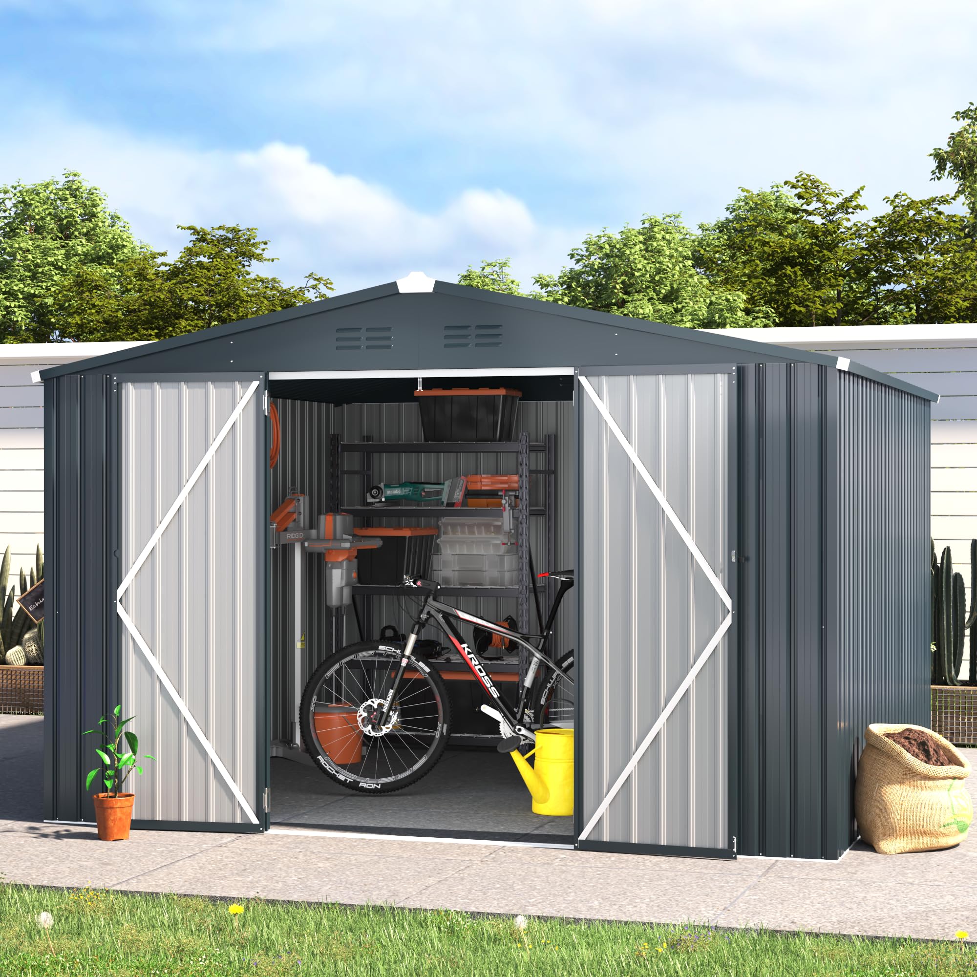 Aecojoy Shed 10'X10' Storage Shed, Large Metal Storage Sheds & Outdoor Clearance, Steel Backyard Shed With Lockable Doors, Utili
