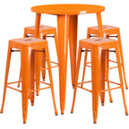 Flash Furniture Commercial Grade 30" Round Orange Metal Indoor-Outdoor Bar Table Set with 4 Square Seat Backless Stools
