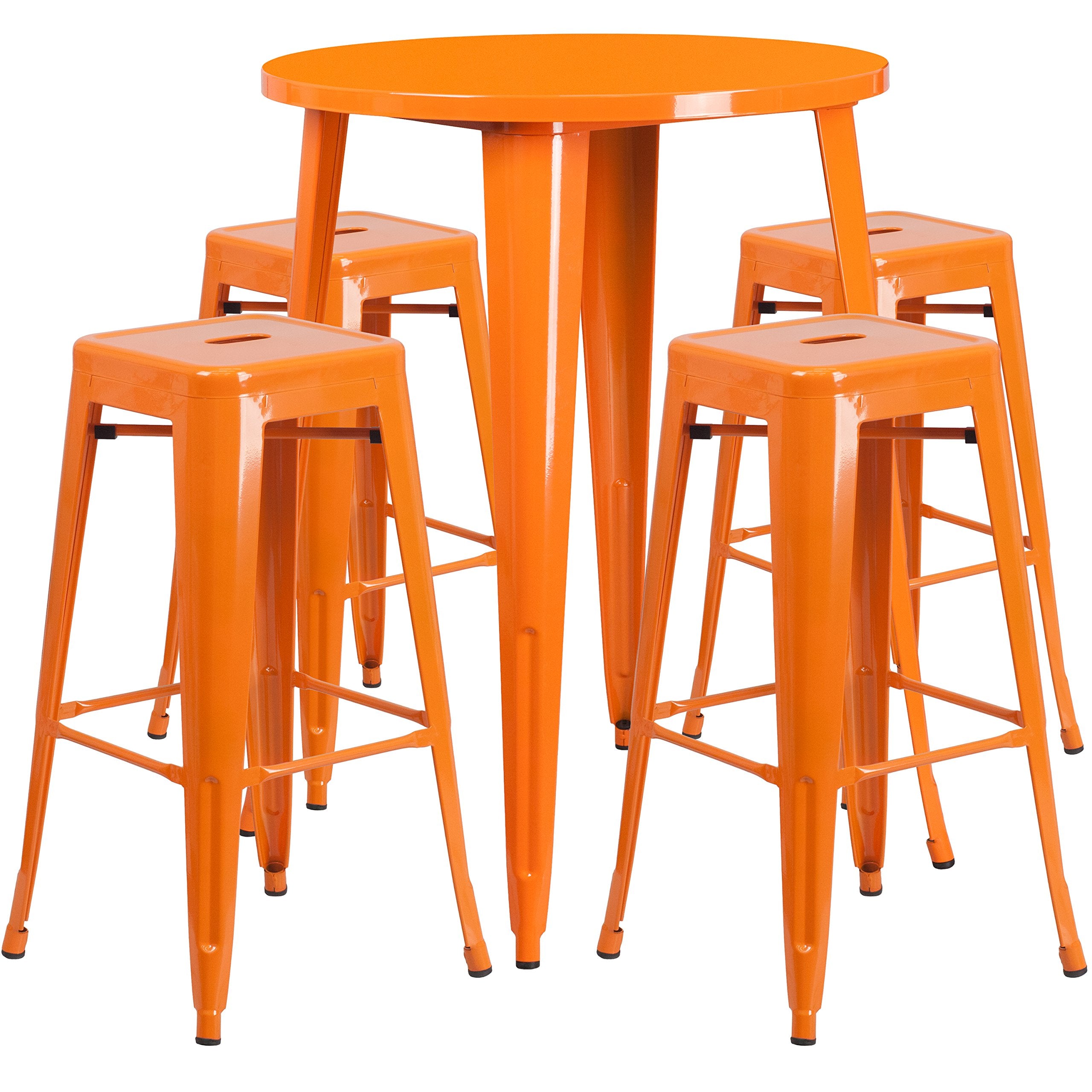 Flash Furniture Commercial Grade 30" Round Orange Metal Indoor-Outdoor Bar Table Set with 4 Square Seat Backless Stools