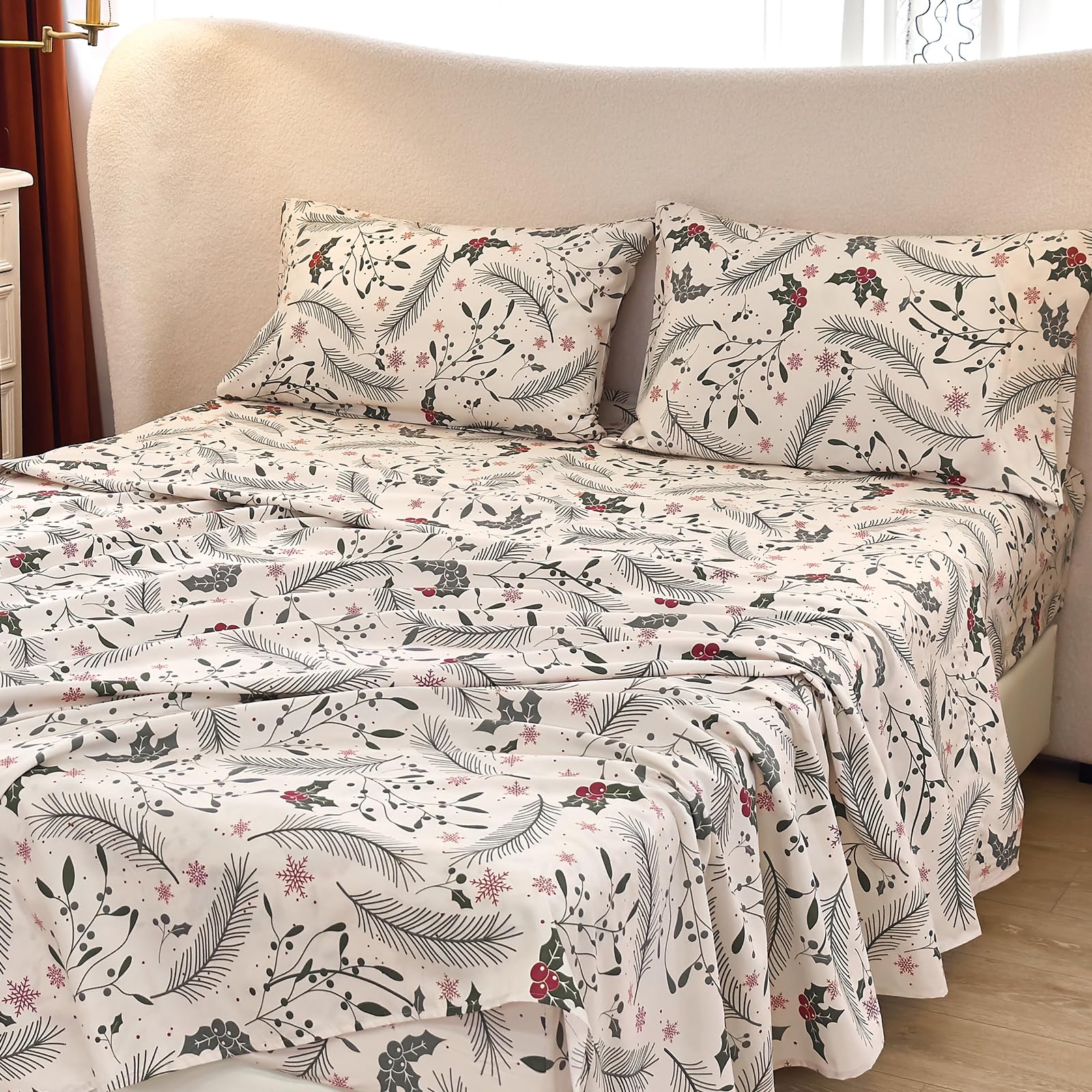 Micoral King Size Sheets Set, 4-Piece Printed Bed Sheets, 16' Deep Pocket, Ultra Soft & Cooling Sheet, Oeko-Tex Certified, Beig