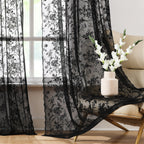 Black Floral Lace Curtains For Bedroom Living Room, 95'' Length Long Vintage Delicate Rose And Leaf Embroidered Sheer Curtains,