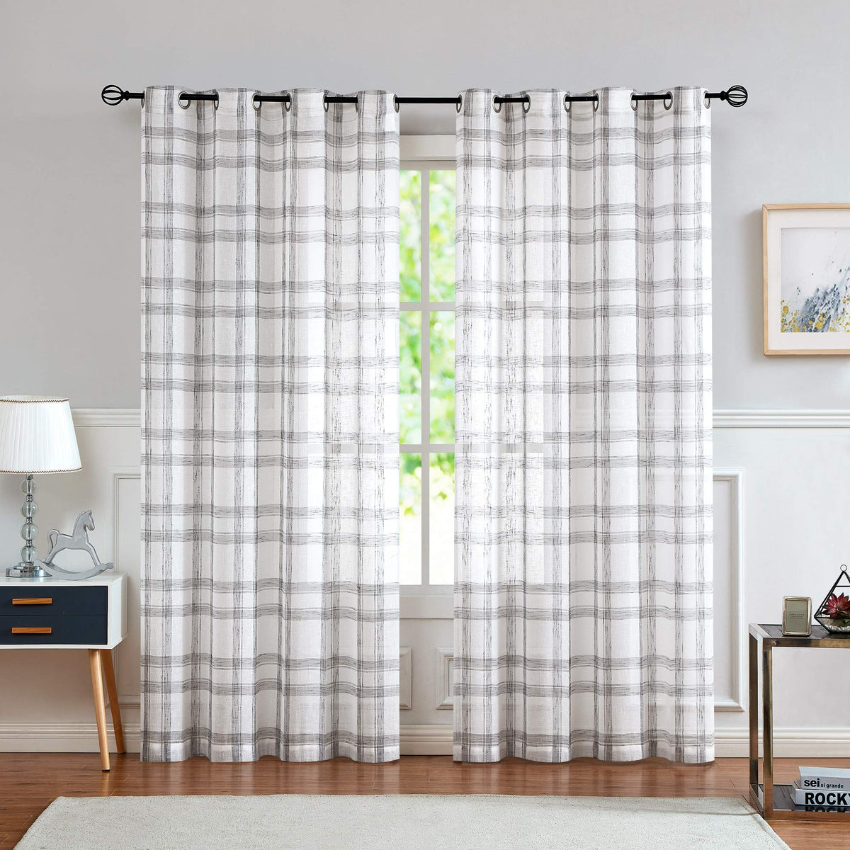 Randall White Grey Window Curtain Panel Pairs 95 Inches Long for Living Room Linen Blend Semi Sheers Grommets Top Rustic Farmhou