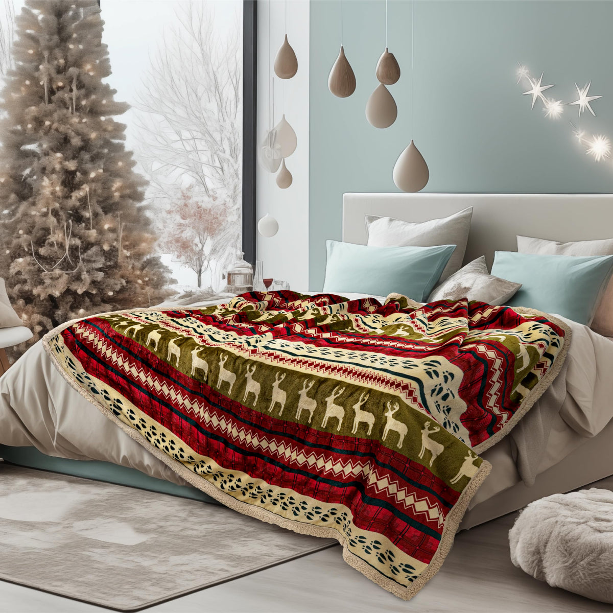 Pavilia Christmas Sherpa Blanket Throw King Bed| Red Flannel Fleece Christmas Decoration Blanket| Plush, Warm, Soft Cozy Reversi