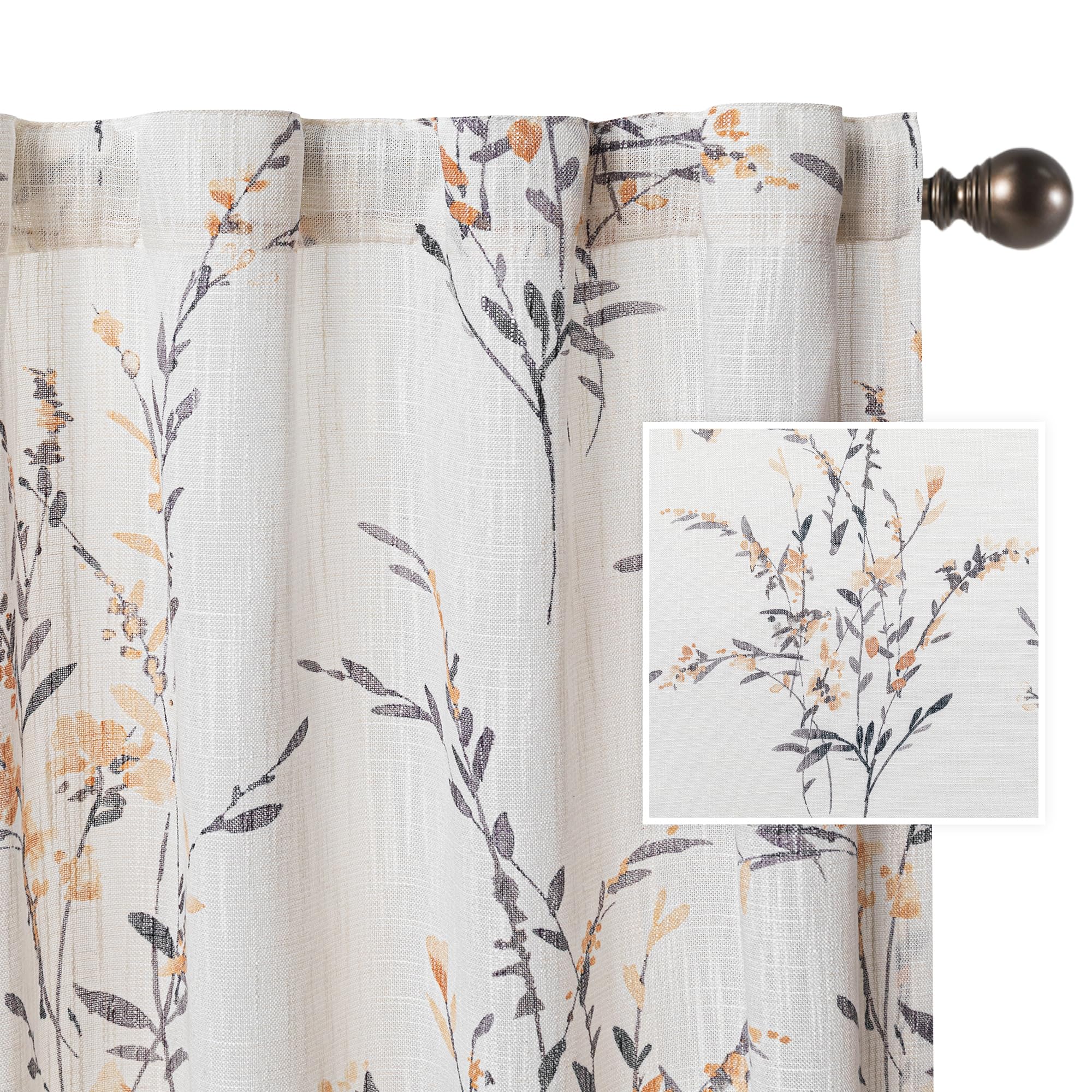 MYSKY HOME Yellow Curtains 84 Inch Length 2 Panels Set for Living Room Semi Sheer Curtains Bedroom Floral Printing Linen Look Dr