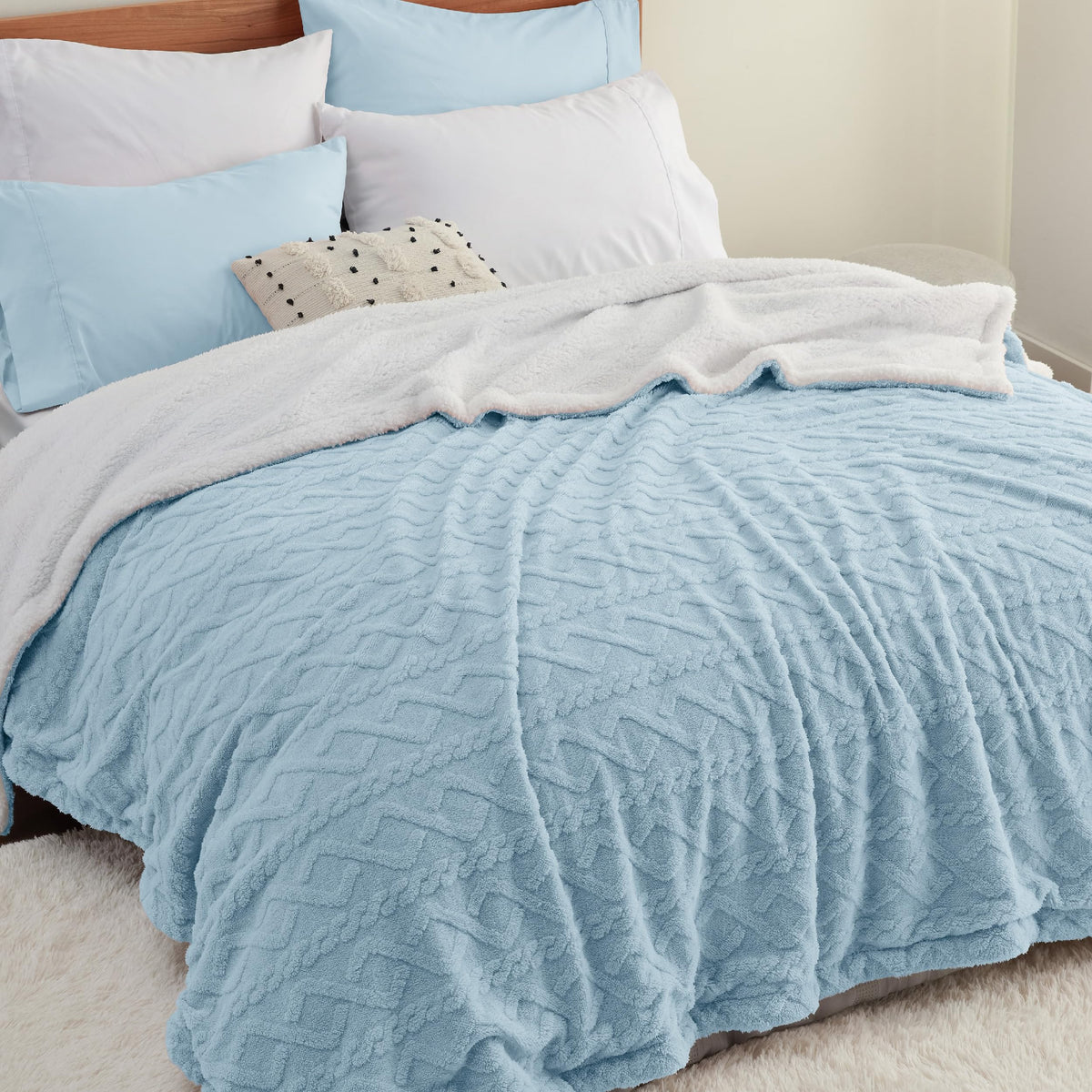 Bedsure Sherpa Queen Size Blanket For Bed - Fuzzy Soft Cozy Blanket Queen Size, Fleece Thick Warm Blanket For Winter, Blue Fall