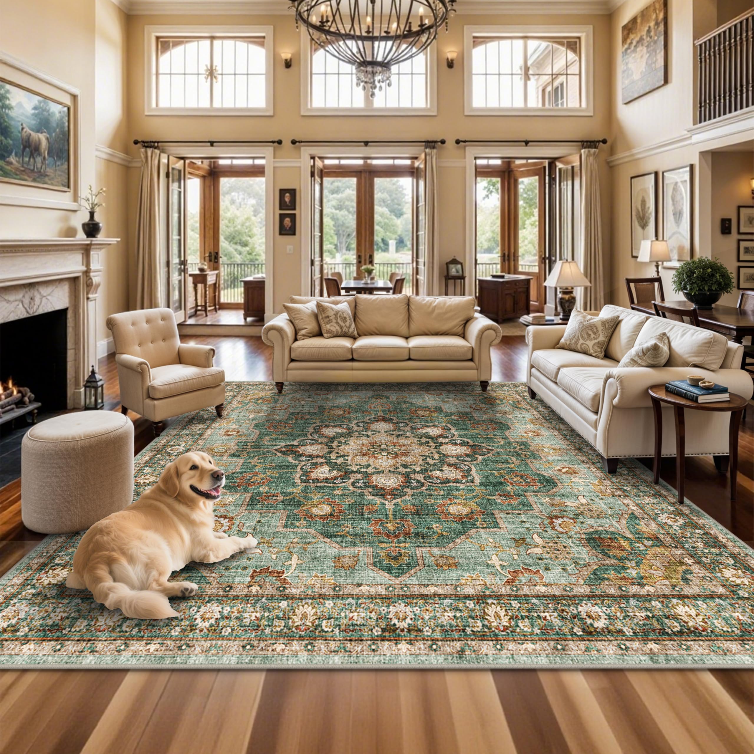 TOPRUUG Washable Oriental Area Rug - 12x12 Rugs for Living Room Soft Carpet for Bedroom Waterproof Floral Distressed Indoor Stai