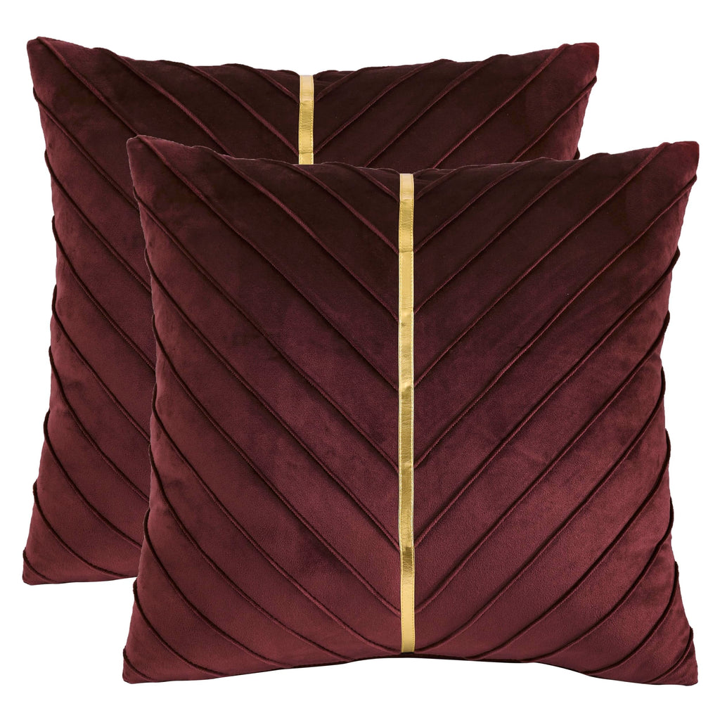 Tosleo Burgundy Velvet Throw Pillow Covers 24X24 Inch Pack Of 2 With Gold Leather Decorative Couch Pillow Cover Luxury Modern Pi