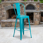 Commercial Grade 30 High Distressed Kelly Blue-Teal Metal Indoor-Outdoor Barstool with Back
