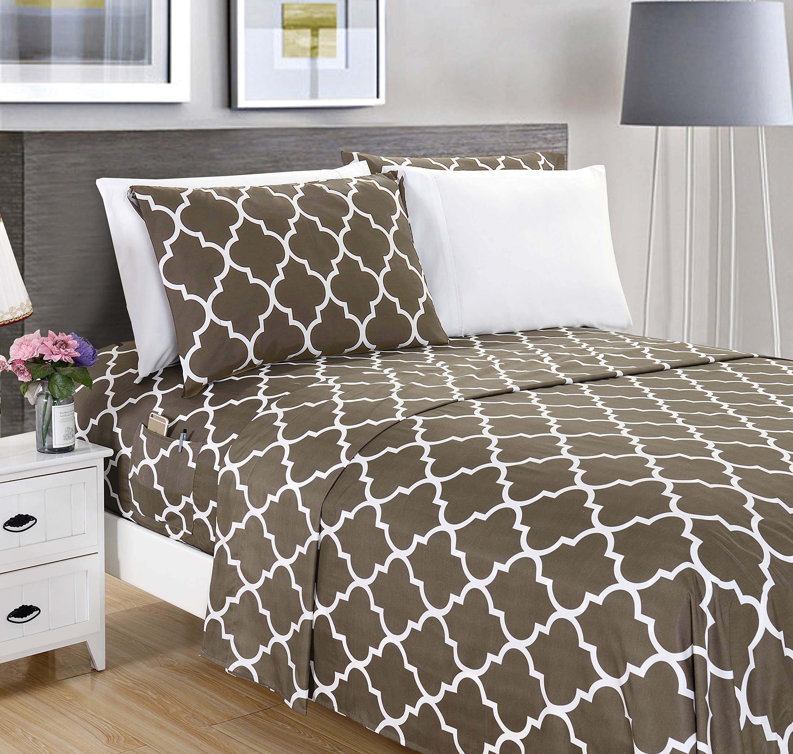 Elegant Comfort 6-Piece Quatrefoil Printed Deep Pocket Bed Sheet Set, Luxurious Silky 1500 Thread Count Bed Sheet Set Ultra Soft