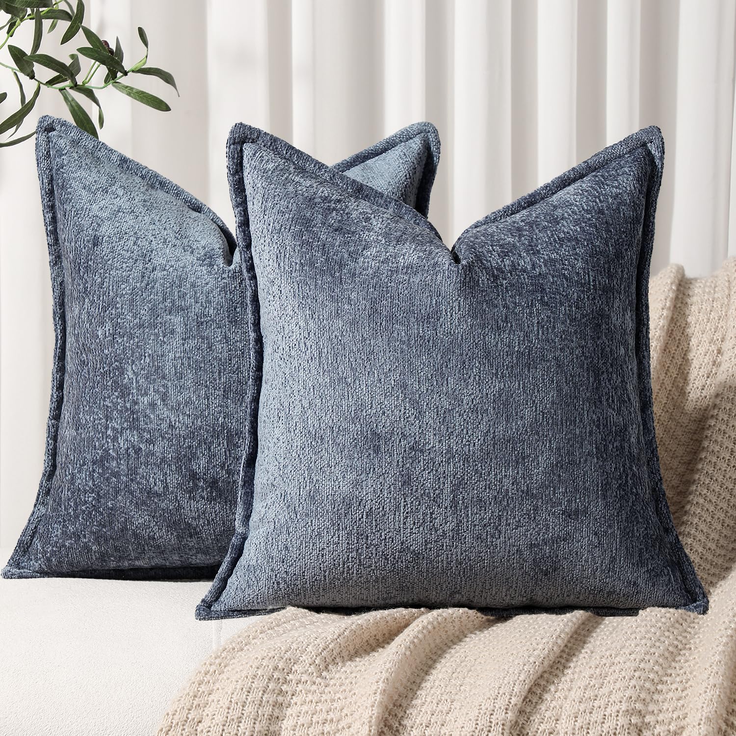 Dezene Pack Of 2 Navy Decorative Throw Pillow Covers 18X18 Cozy Soft Chenille Accent Vintage Square Couch Pillow Covers For Home