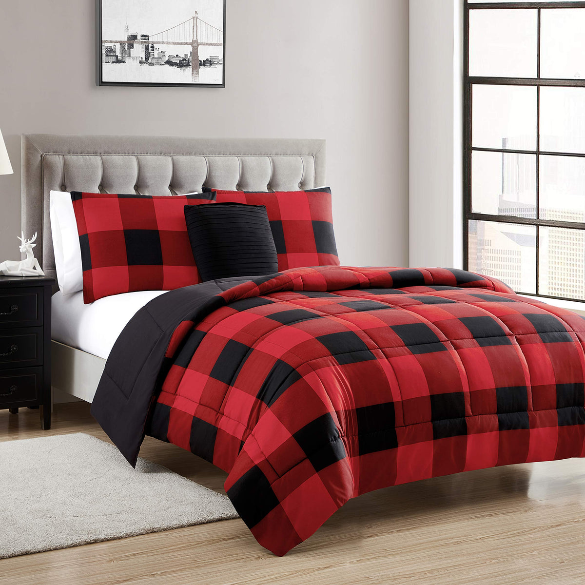 Sweet Home Collection 4 Piece Buffalo Check Plaid Design Reversible To Solid Color With 2 Shams & Throw Pillow, Full/Queen, Burg