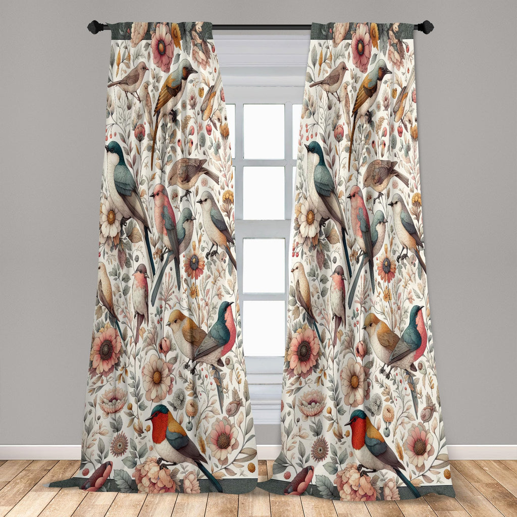 Ambesonne Birds And Nature Curtains, Delicate Spring Chill With Leafy Flowers With Wingy Animals, Window Treatments 2 Panel Set
