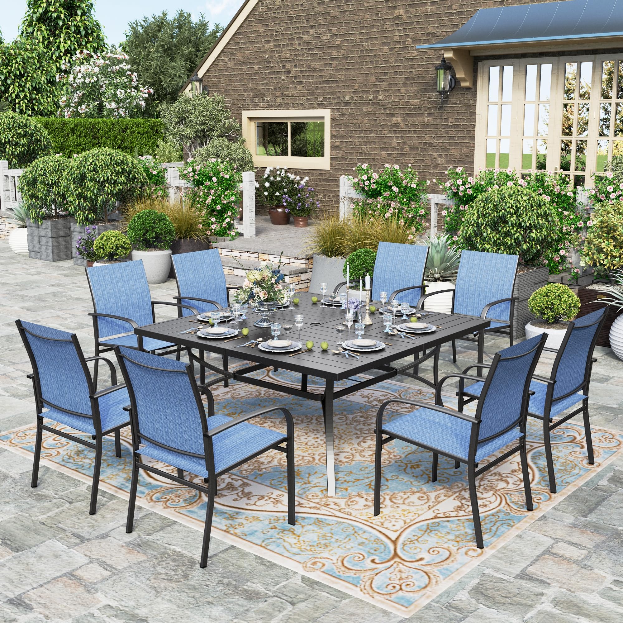 Hera'S House 9 Pieces Patio Dining Sets, 8 X Blue Textilene Dining Chair, 60'' Square Metal Dining Table With 1.57'' Umbrella Ho