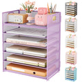 Subekyu 6 Tier Paper File Tray Organizer For Desk, Purple Mesh Desk Letter Paper File Folder Accessories Sorter Organizer With H
