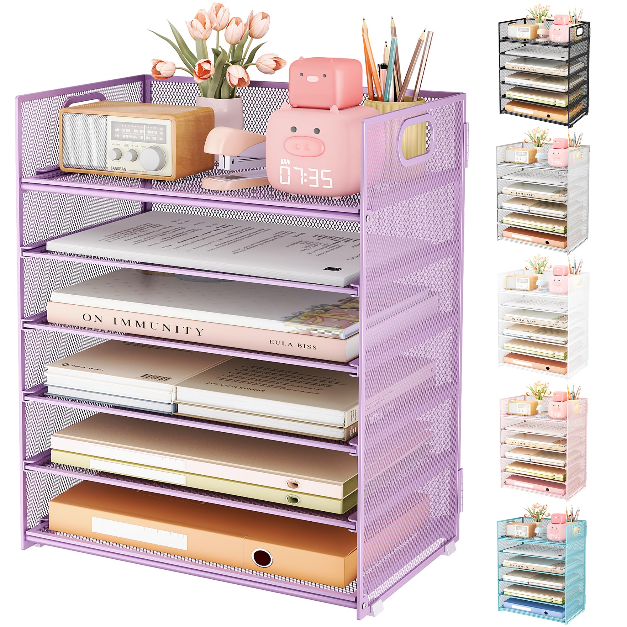Subekyu 6 Tier Paper File Tray Organizer For Desk, Purple Mesh Desk Letter Paper File Folder Accessories Sorter Organizer With H