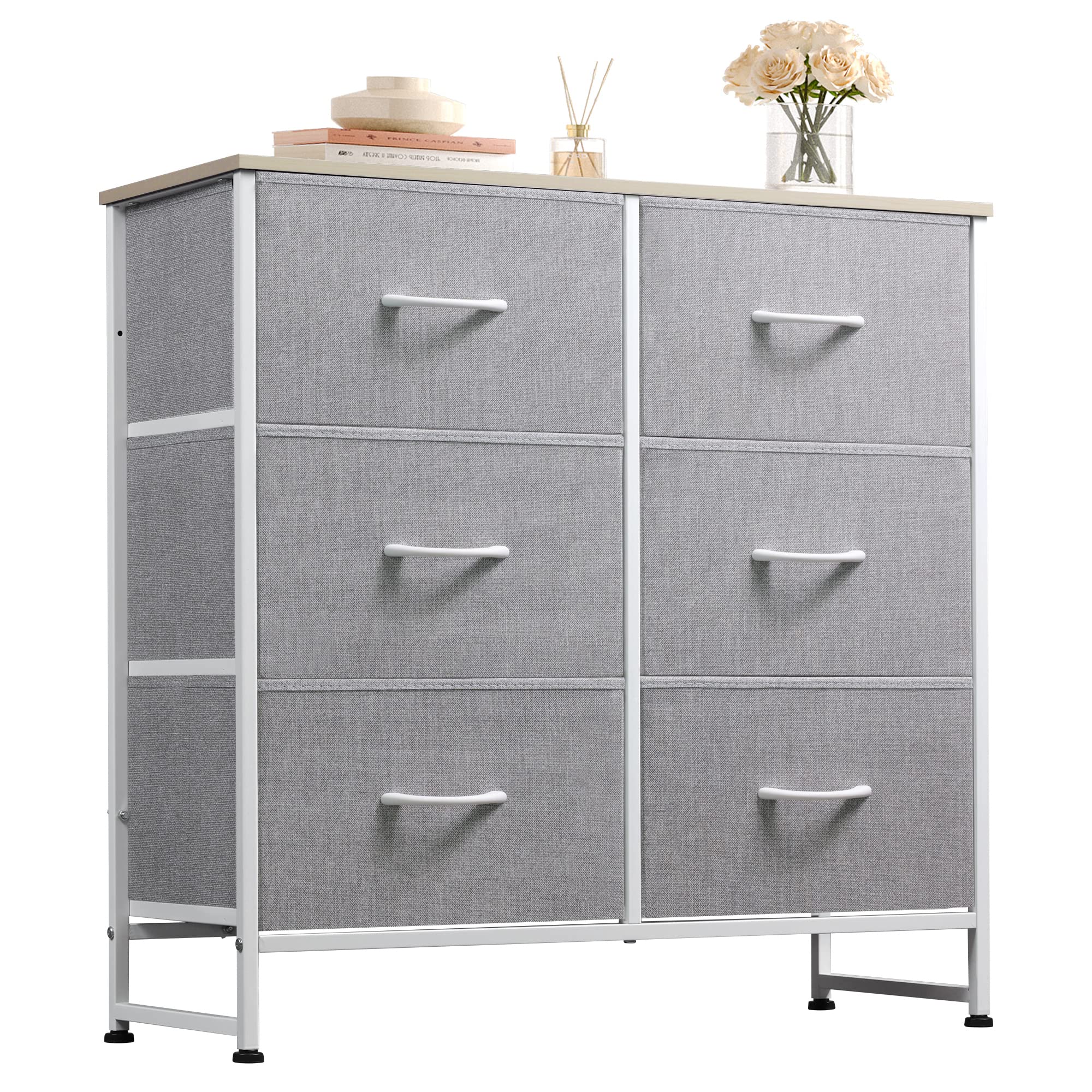 Wlive Fabric Dresser For Bedroom, 6 Drawer Double Dresser, Storage Tower With Fabric Bins, Chest Of Drawers For Kid'S Room, Closet, Playroom, Nursery, Dormitory, Light Grey