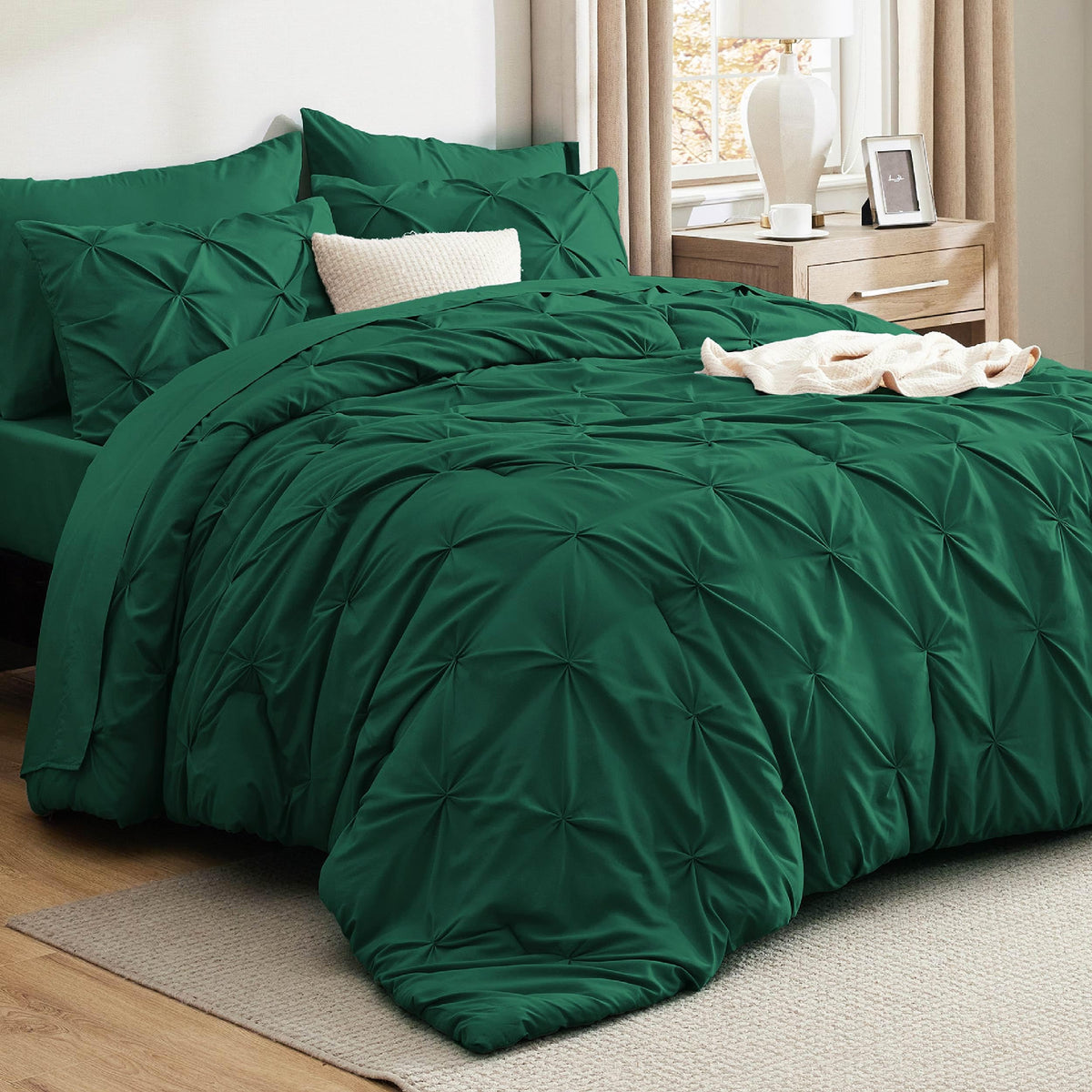 Bedsure Queen Comforter Set Dark Green - Bed In A Bag Queen 7 Pieces, Pintuck Bedding Sets Gift For Christmas, Pinch Pleat Bed S