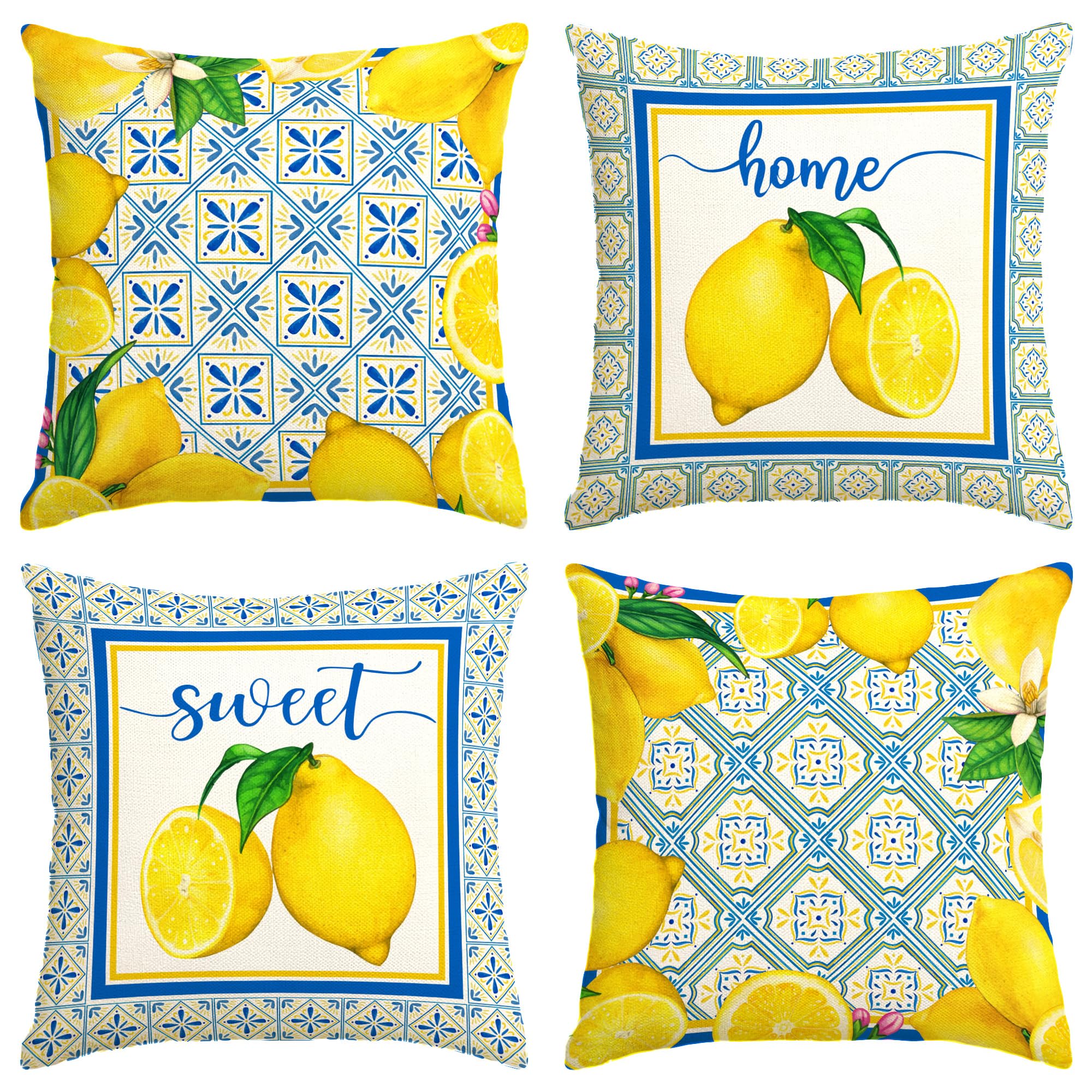 Summer Lemon Pillow Covers Spring Italian Lemons Throw Pillow Case Italy Blue Tiles Lemon Decor Cyan-Blue Tile Burlap Artificial