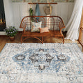 PureCozy Vintage Area Rug 6x9 Bedroom Office Kitchen Blue Indoor Washable Living Room Large Carpet Non Slip Low Pile Medallion T