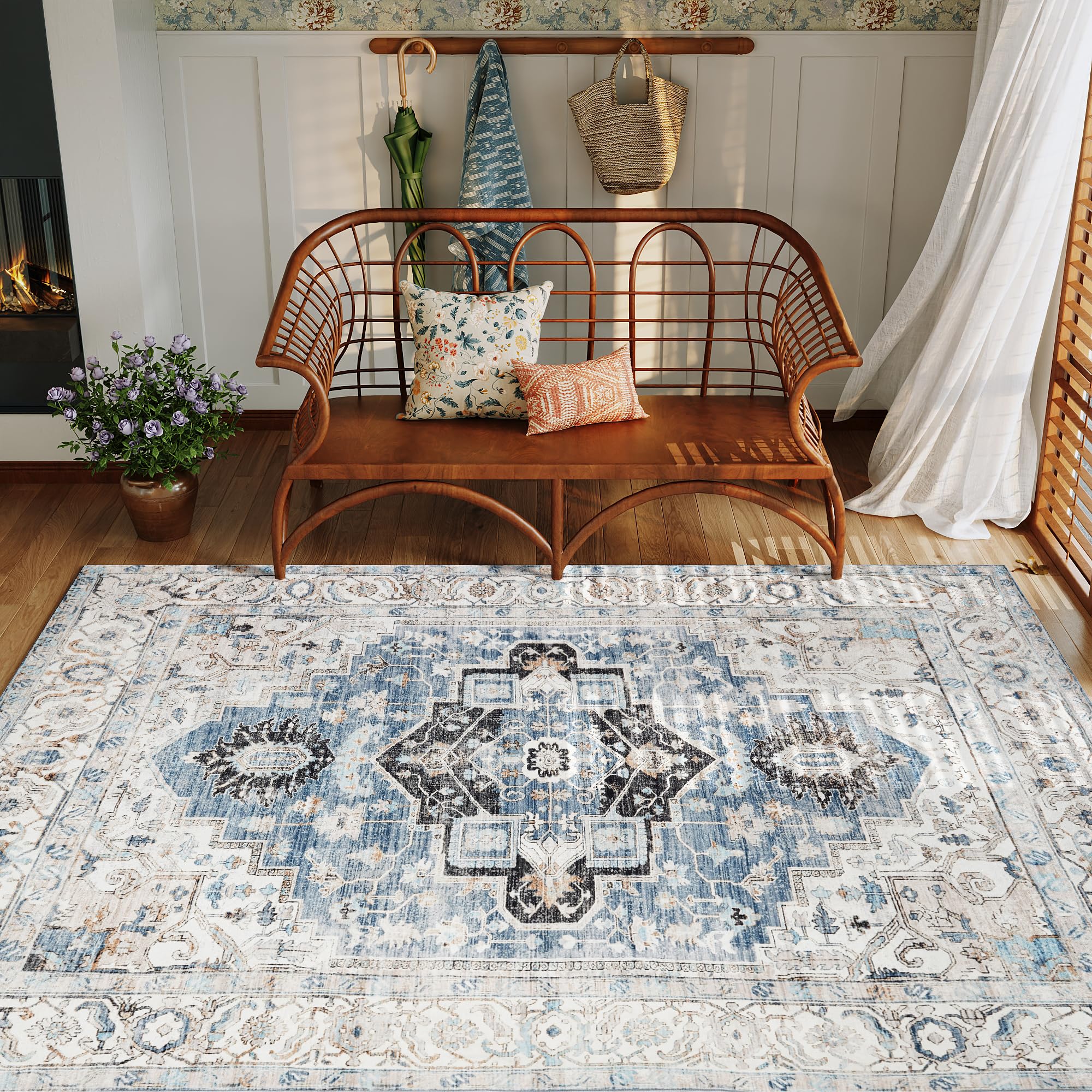PureCozy Vintage Area Rug 6x9 Bedroom Office Kitchen Blue Indoor Washable Living Room Large Carpet Non Slip Low Pile Medallion T
