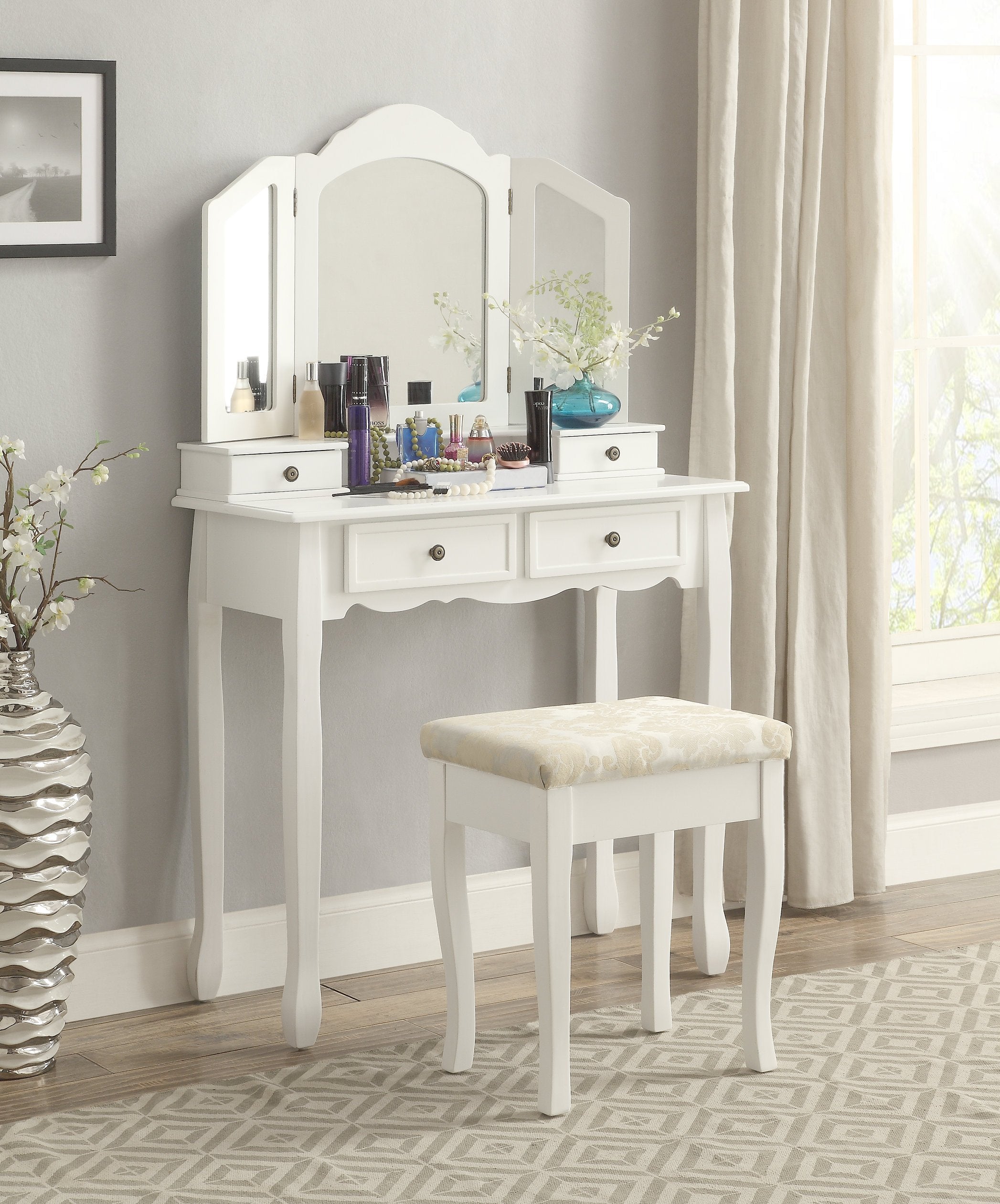 Roundhill Furniture Sanlo Wooden Vanity | Make Up Table And Stool Set | White
