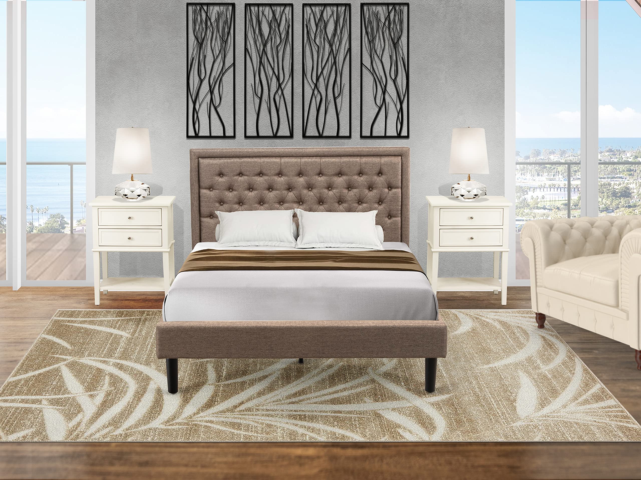 East West Furniture KD16Q-2VL0C 3 Piece Queen Size Bed Set - 1 Queen Bed Dark Khaki Linen Fabric Padded and Button Tufted Headboard with 2 Nightstand - Wire Brushed Butter Cream Finish Nightstand