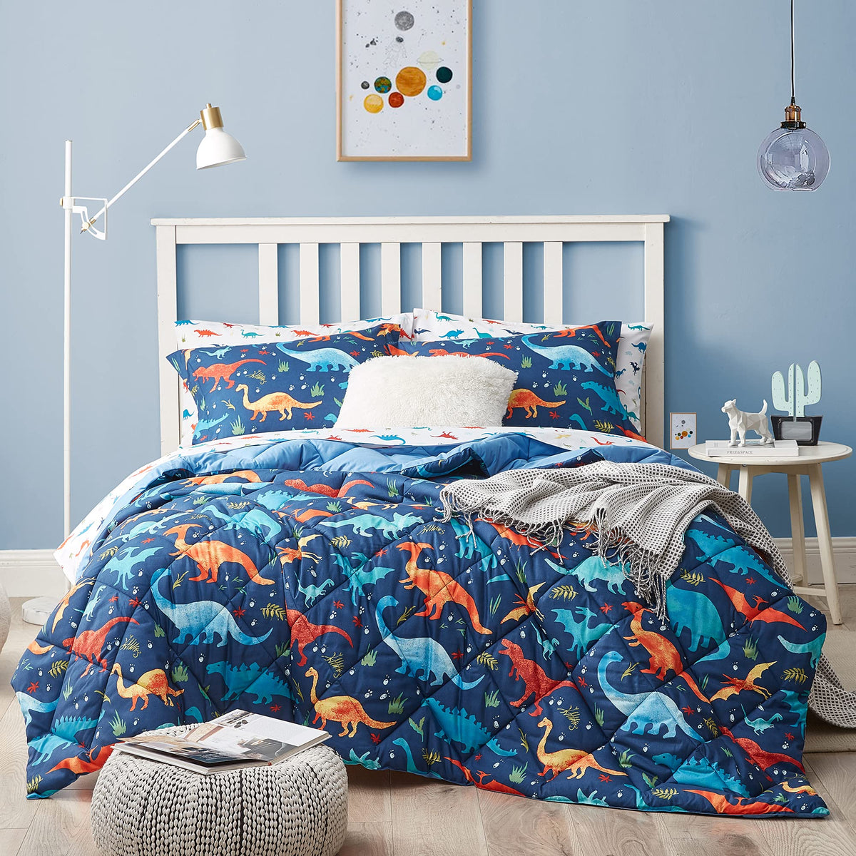 Umchord Kids Queen Bedding Comforter Set For Boys, 7 Pieces Soft Lightweight Dinosaur Bedding Queen Set With Sheets, Bed In A Ba