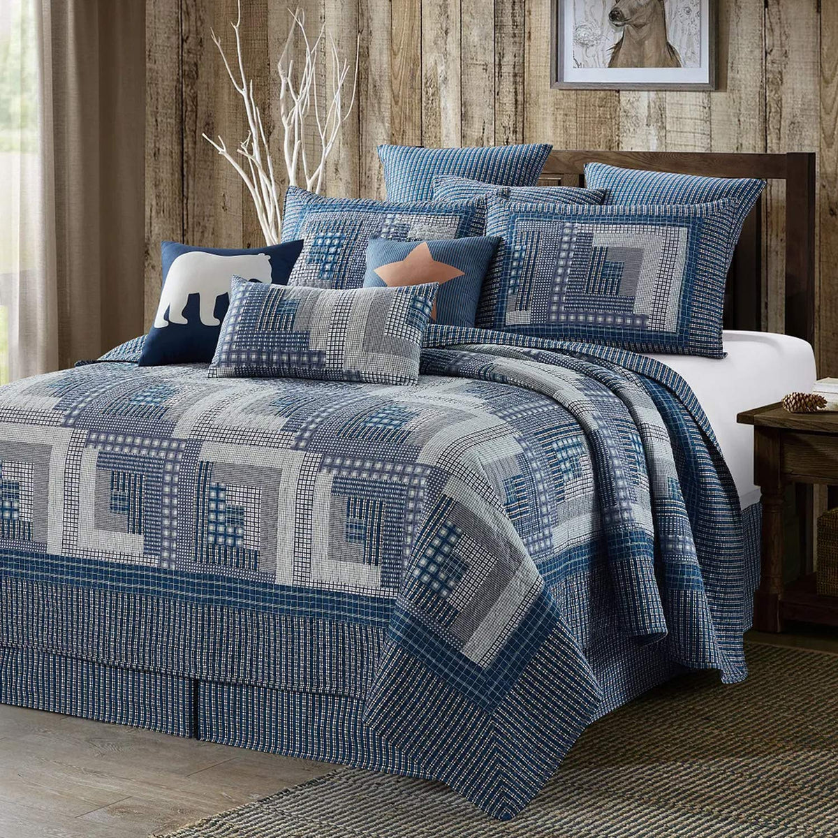 Virah Bella 3 Piece King Cabin Quilt Bedding Set - Montana Cabin: Blue/Gray - Rustic Country Reversible Patchwork Comforter Set