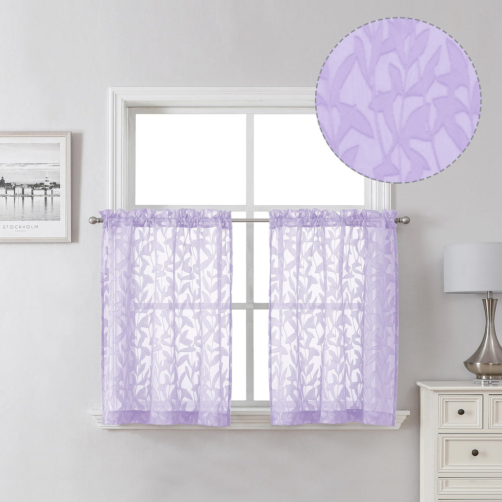 Lecloud Leia Light Purple Sheer Cafe Curtain 24 Inch Length 2 Pcs, Jacquard Textured Leaf Voile Kitchen Curtain With Dual Rod Po