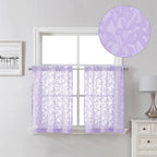 Lecloud Leia Light Purple Sheer Cafe Curtain 24 Inch Length 2 Pcs, Jacquard Textured Leaf Voile Kitchen Curtain With Dual Rod Po