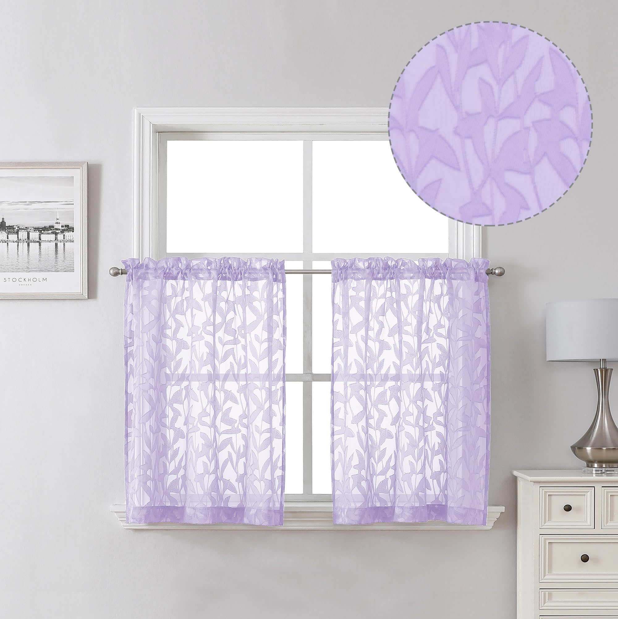 Lecloud Leia Light Purple Sheer Cafe Curtain 24 Inch Length 2 Pcs, Jacquard Textured Leaf Voile Kitchen Curtain With Dual Rod Po