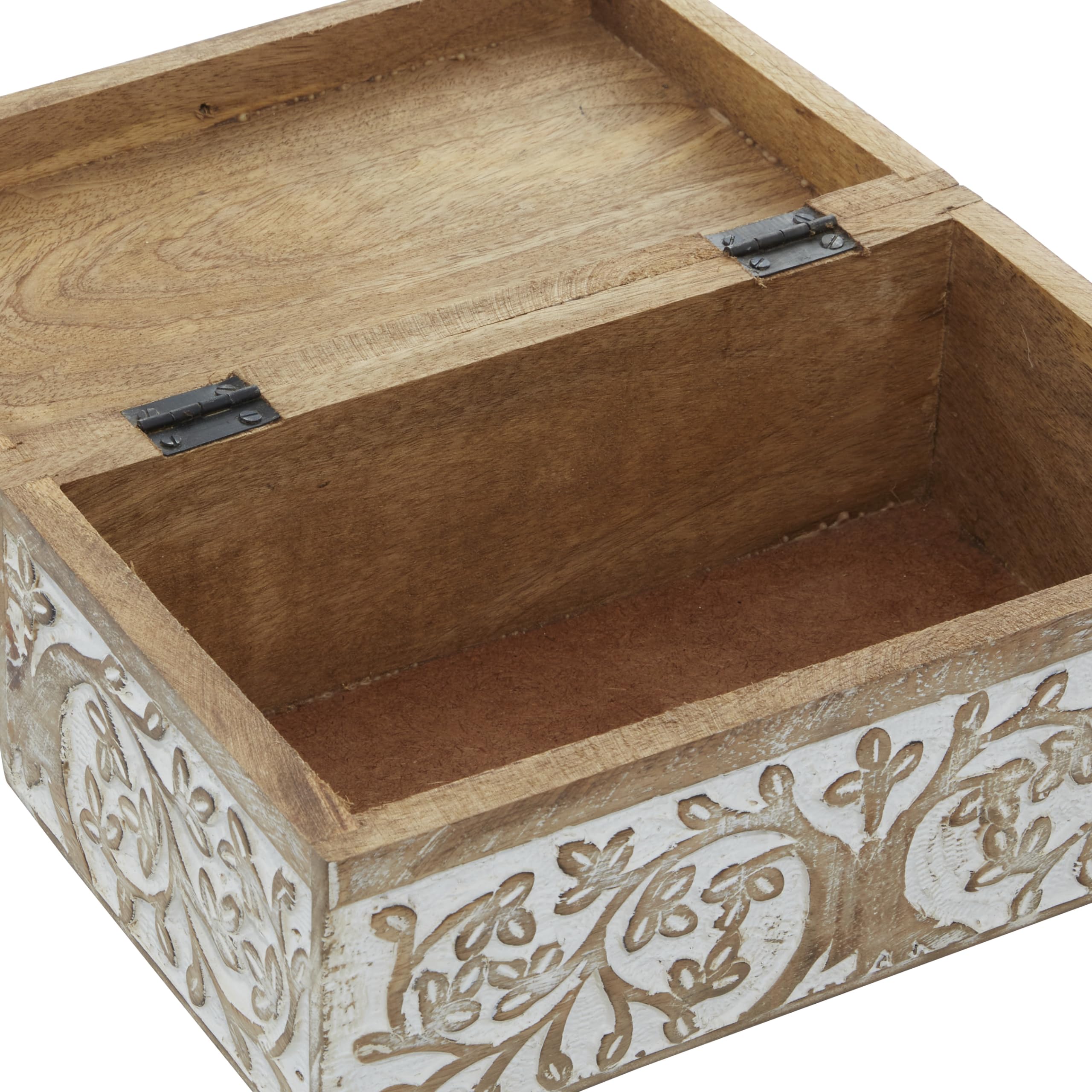 Deco 79 Mango Wood Floral Decorative Box Decorative Keepsake Boxes With Hinged Lid, Set Of 3 Storage Boxes 8'', 10'', 12''W, Bro