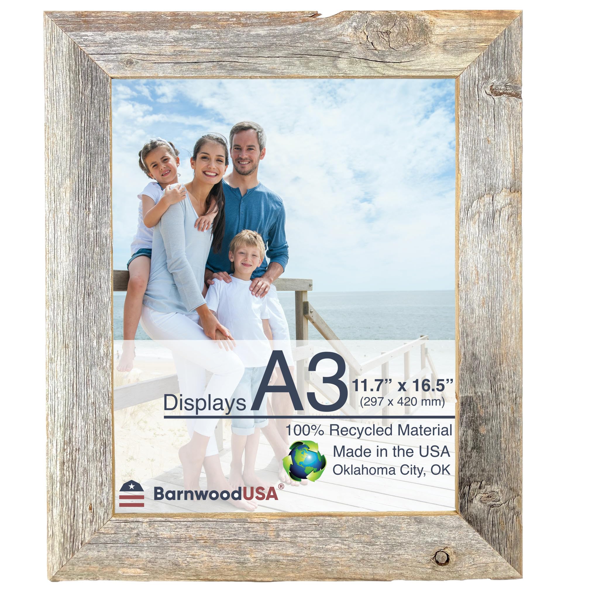 BARNWOODUSA | Farmhouse A3 Picture Frame | 1 1/2 inch Molding | 100% Reclaimed Wood | Rustic | Natural Weathered Gray