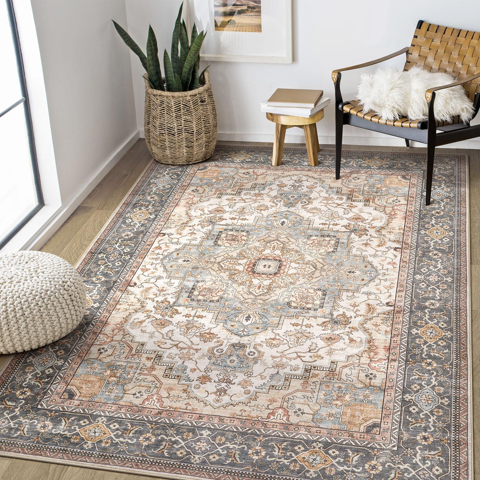 EIEIHOUSE Washable Area Rugs for Living Room - 5x7 Neutral Vintage Distressed Floral Farmhouse Boho Large Soft Floor Rug Indoor 