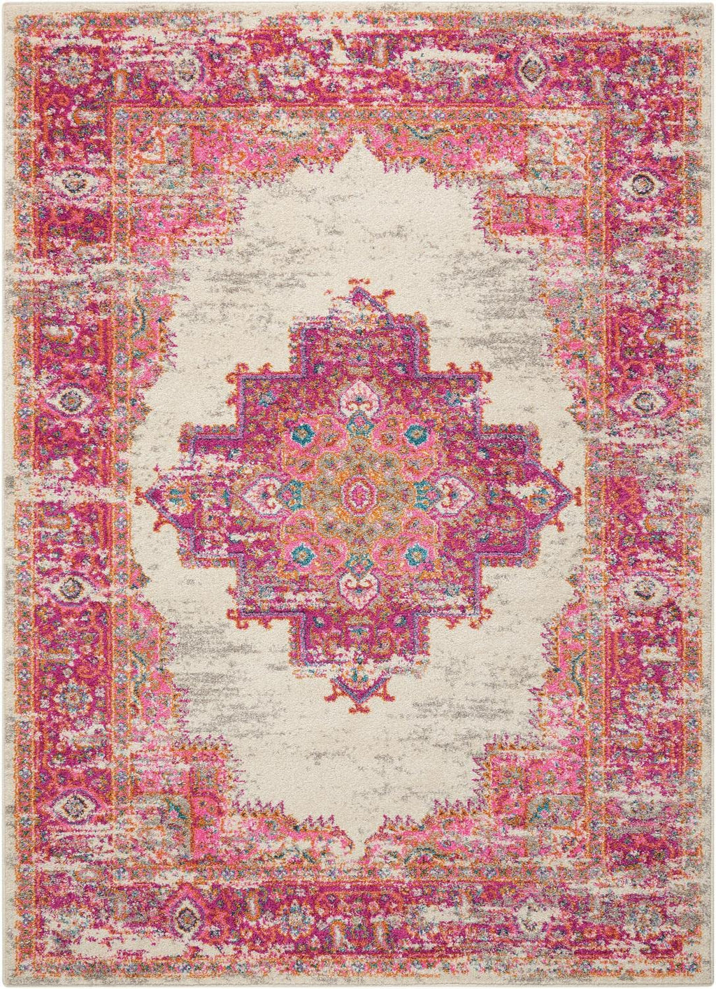 Nourison Passion Ivory/Fuchsia 3'9'' x 5'9'' Area-Rug, Boho, Traditional, Easy-Cleaning, Non Shedding, Bed Room, Living Room, Ha