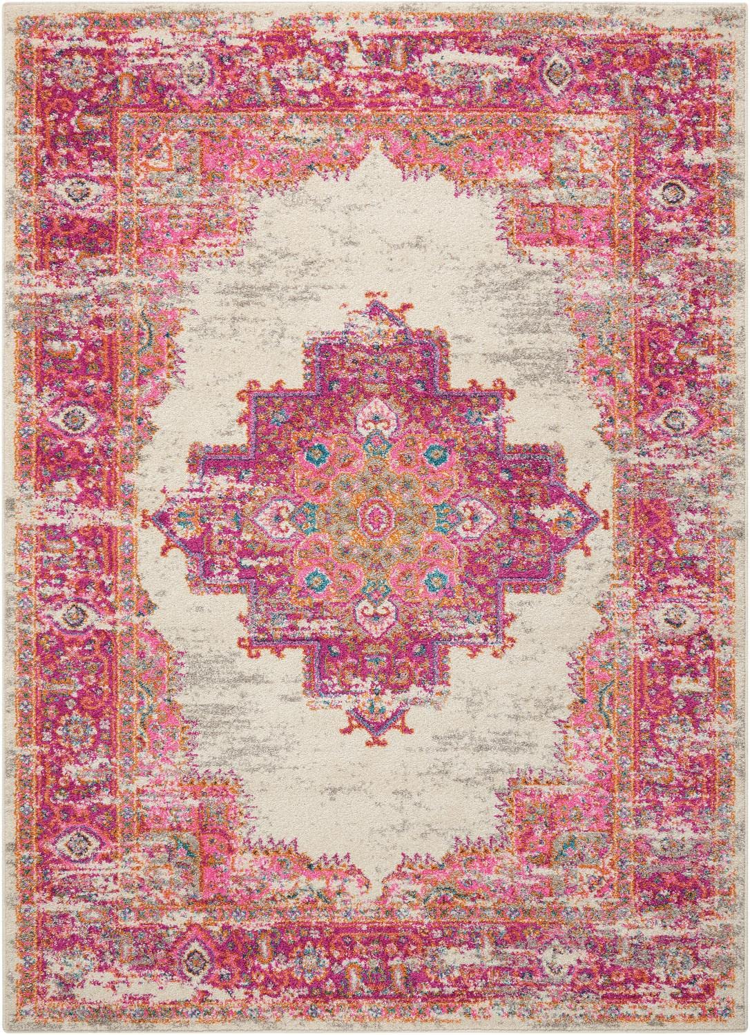 Nourison Passion Ivory/Fuchsia 3'9'' x 5'9'' Area-Rug, Boho, Traditional, Easy-Cleaning, Non Shedding, Bed Room, Living Room, Ha