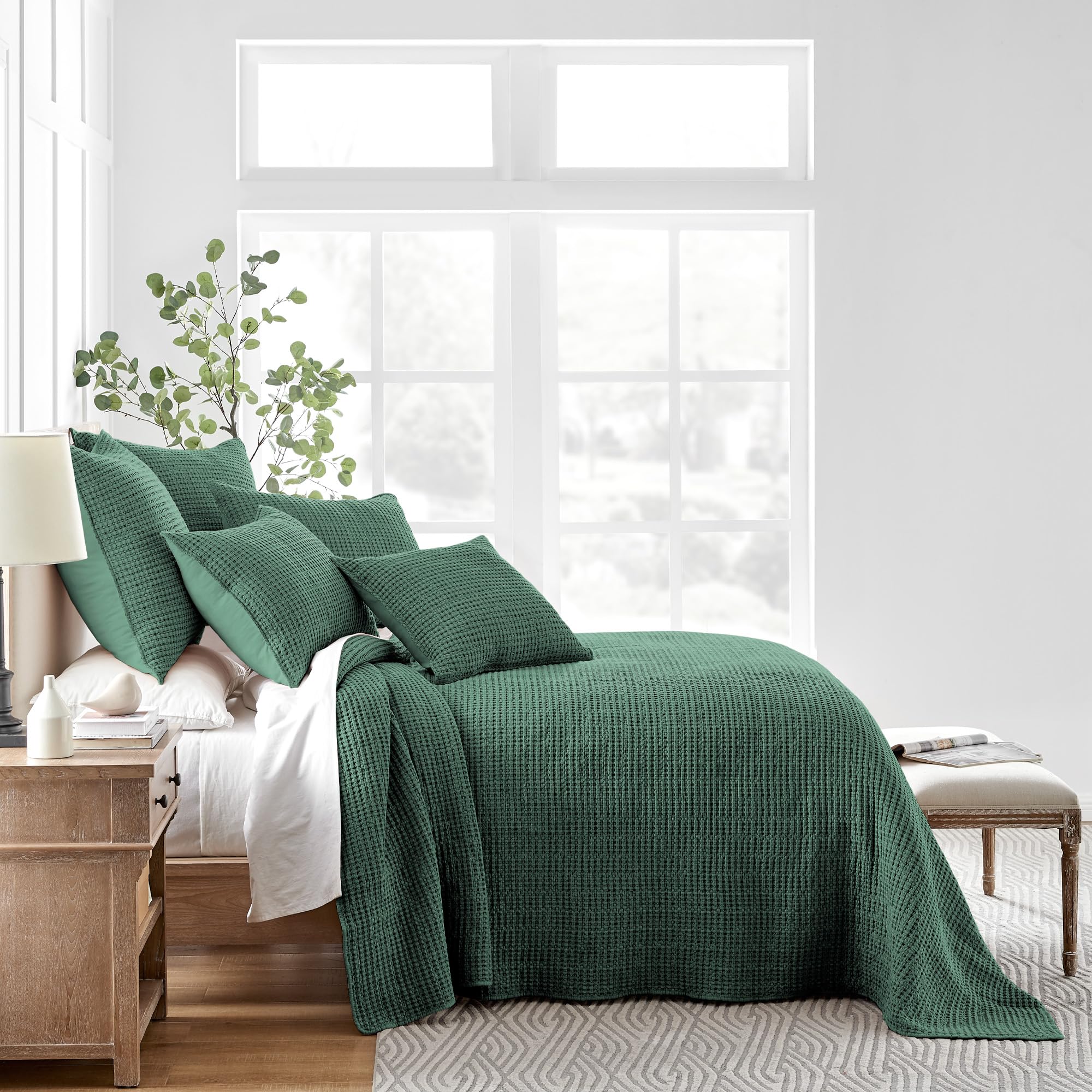 Levtex Home - Mills Waffle - Full Quilted Bedspread Set - Forest Green Cotton Waffle - Bedspread Size (96X110In.), Sham Size (26