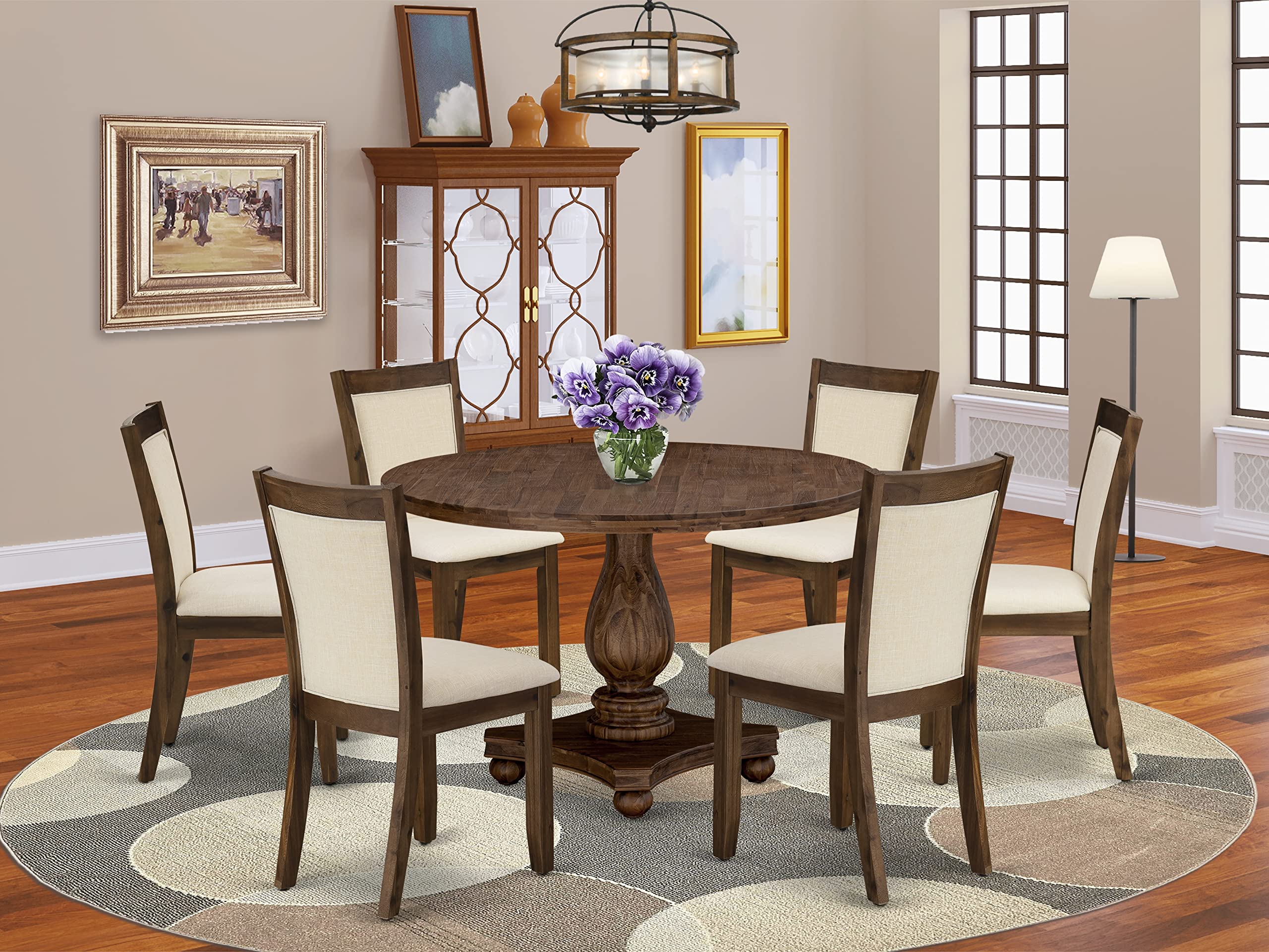 East West Furniture Irving 7 Piece Dining Set Consist Of A Round Kitchen Table With Pedestal And 6 Light Beige Linen Fabric Parson Chairs, 48X48 Inch, I2Mz7-Nn-32