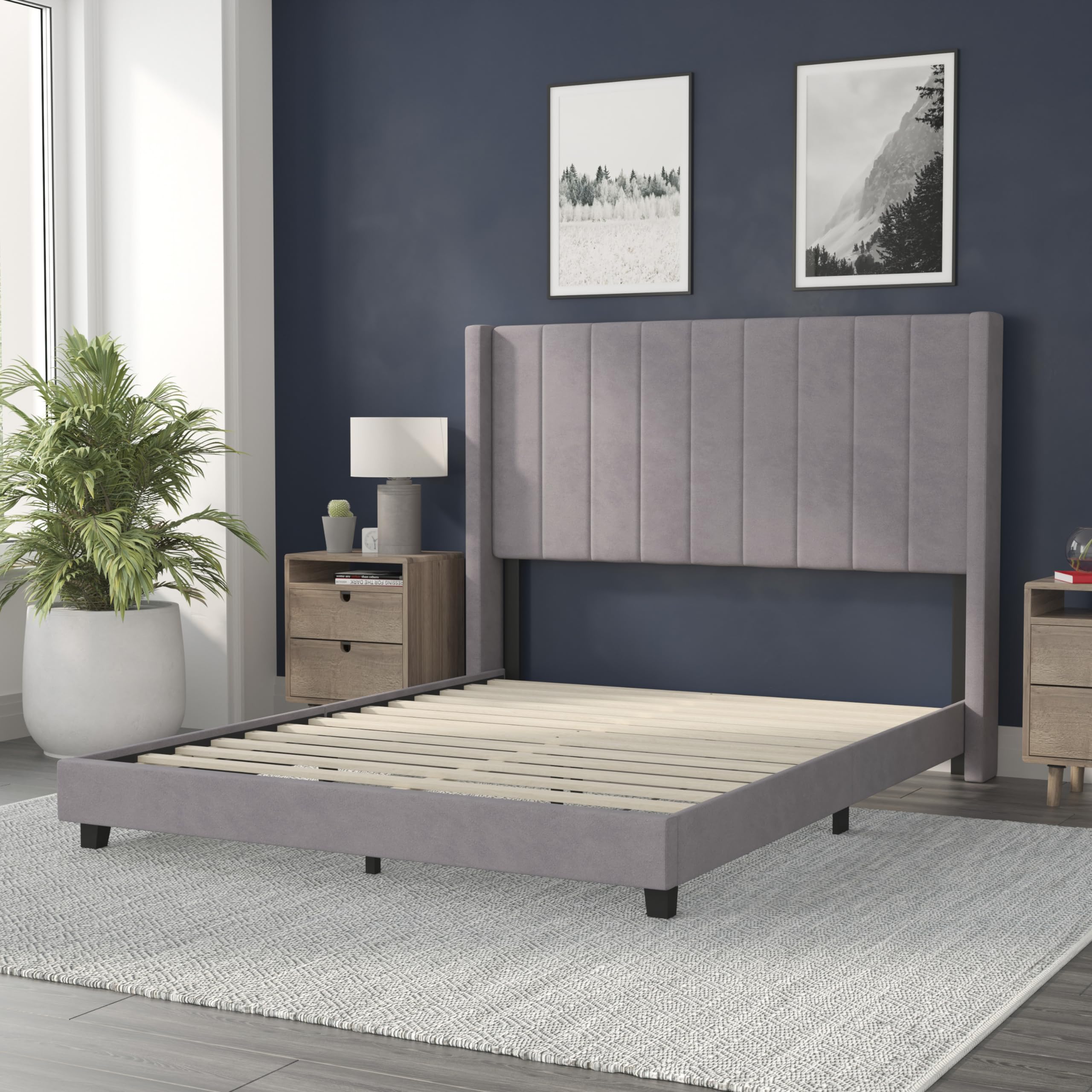 Flash Furniture Bianca Upholstered Platform Bed - Gray Velvet Upholstery - Queen - Wingback Headboard - Slatted Mattress Foundation - No Box Spring Needed