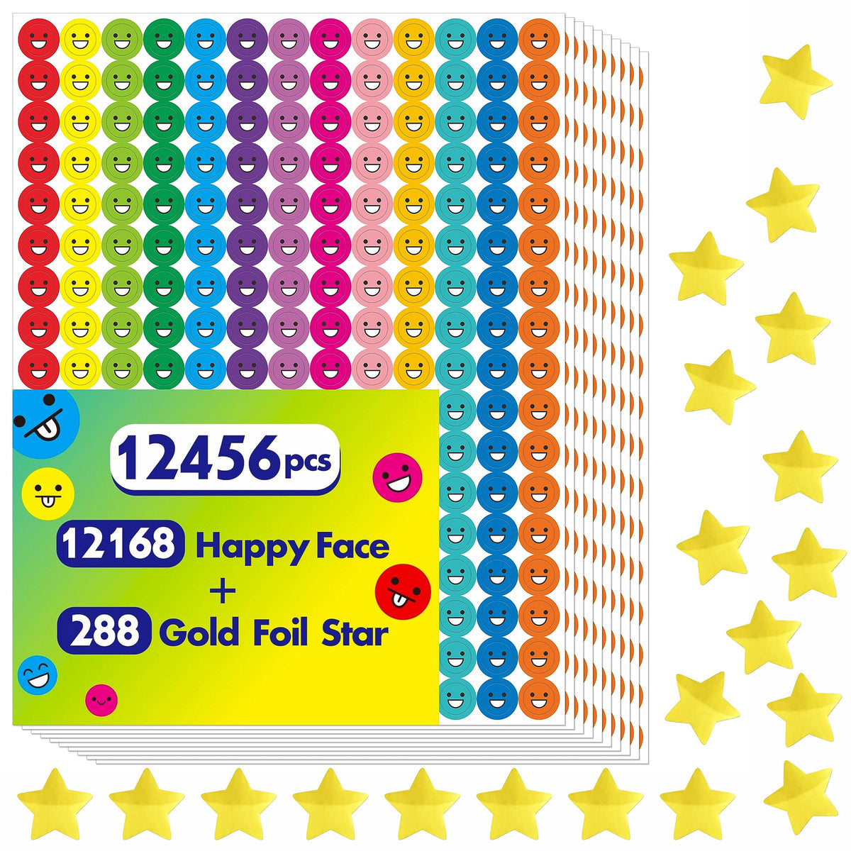 12456 Pcs Happy Face Star Stickers Mega Bundle In 14 Colors And 10 Designs For Reward Behavior Chart (Each Measures 3/8   )