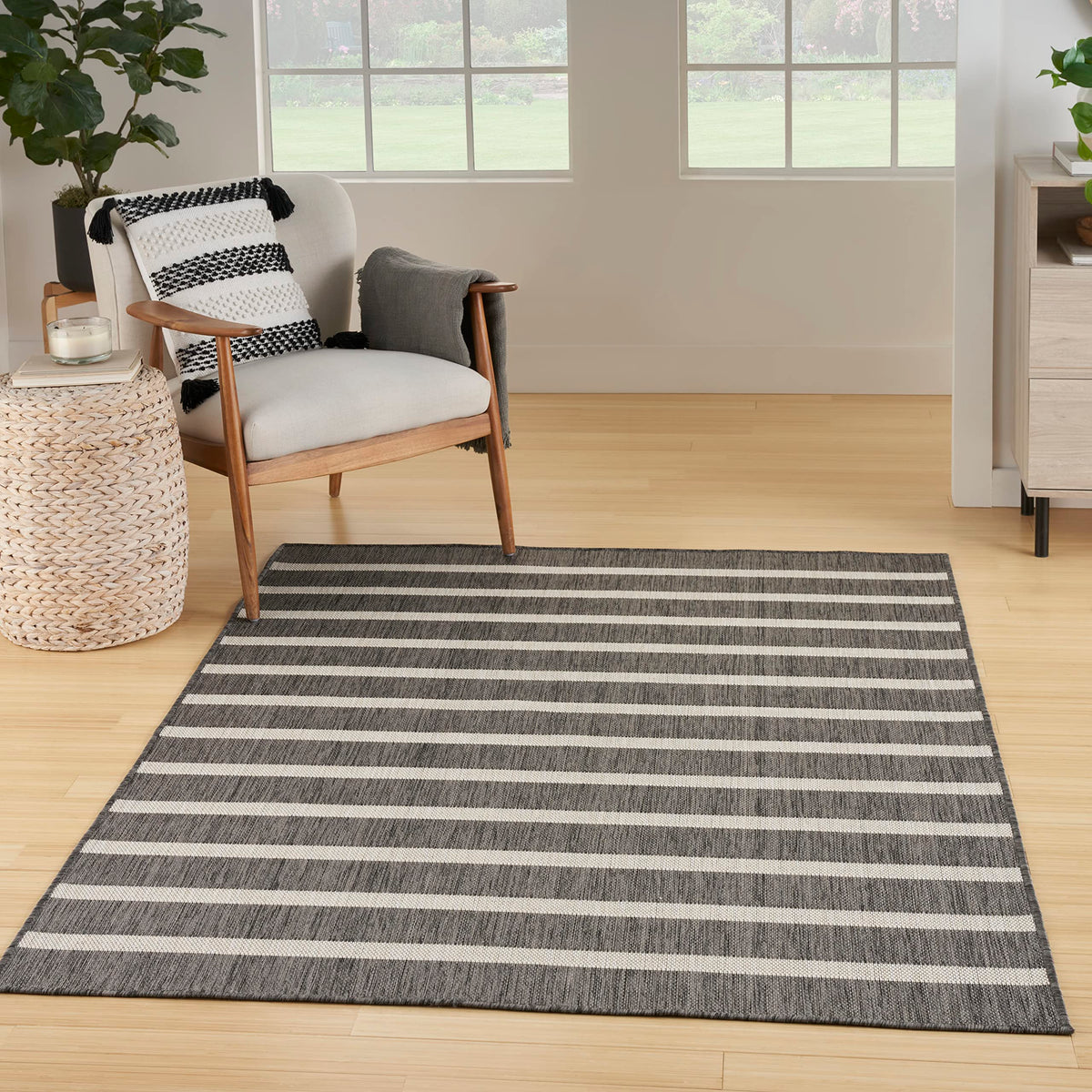 Nourison Positano Indoor/Outdoor Charcoal Ivory 7' X 10' Area Rug, Easy Cleaning, Non Shedding, Bed Room, Living Room, Dining Ro