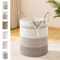 SunNewt 53L Tall Cotton Rope Laundry Basket with Handles, Brown Striped