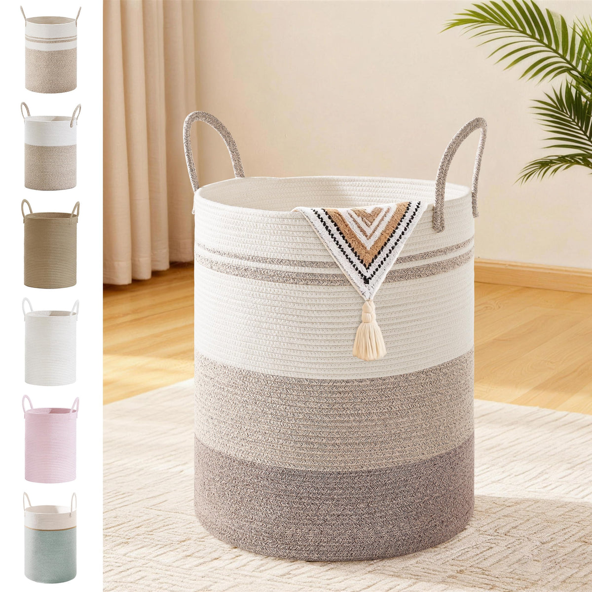 SunNewt 53L Tall Cotton Rope Laundry Basket with Handles, Brown Striped